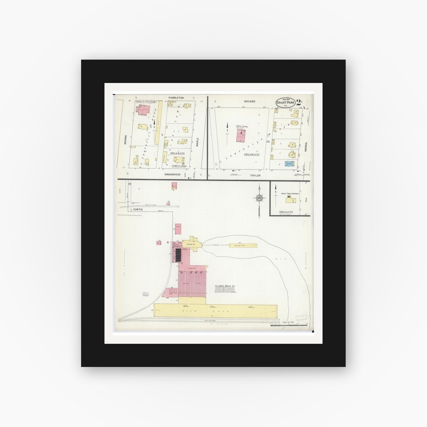 Old map wall art mockup — black gallery frame with white mat — Sanborn Fire Insurance Map from Grant Park, Kankakee County, Illinois (1914), Sheet #0002