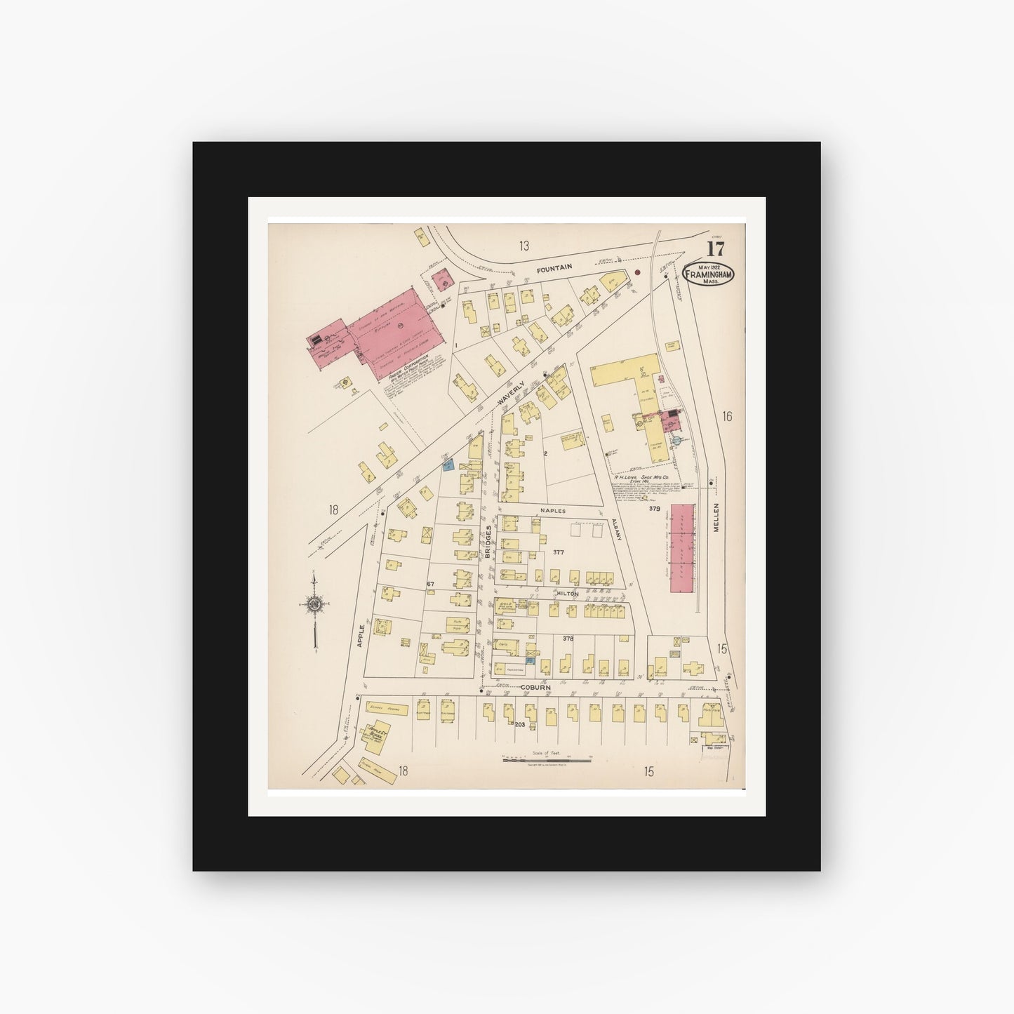 Old map wall art mockup — black gallery frame with white mat — Sanborn Fire Insurance Map from Framingham, Middlesex County, Massachusetts (1922), Sheet #0017