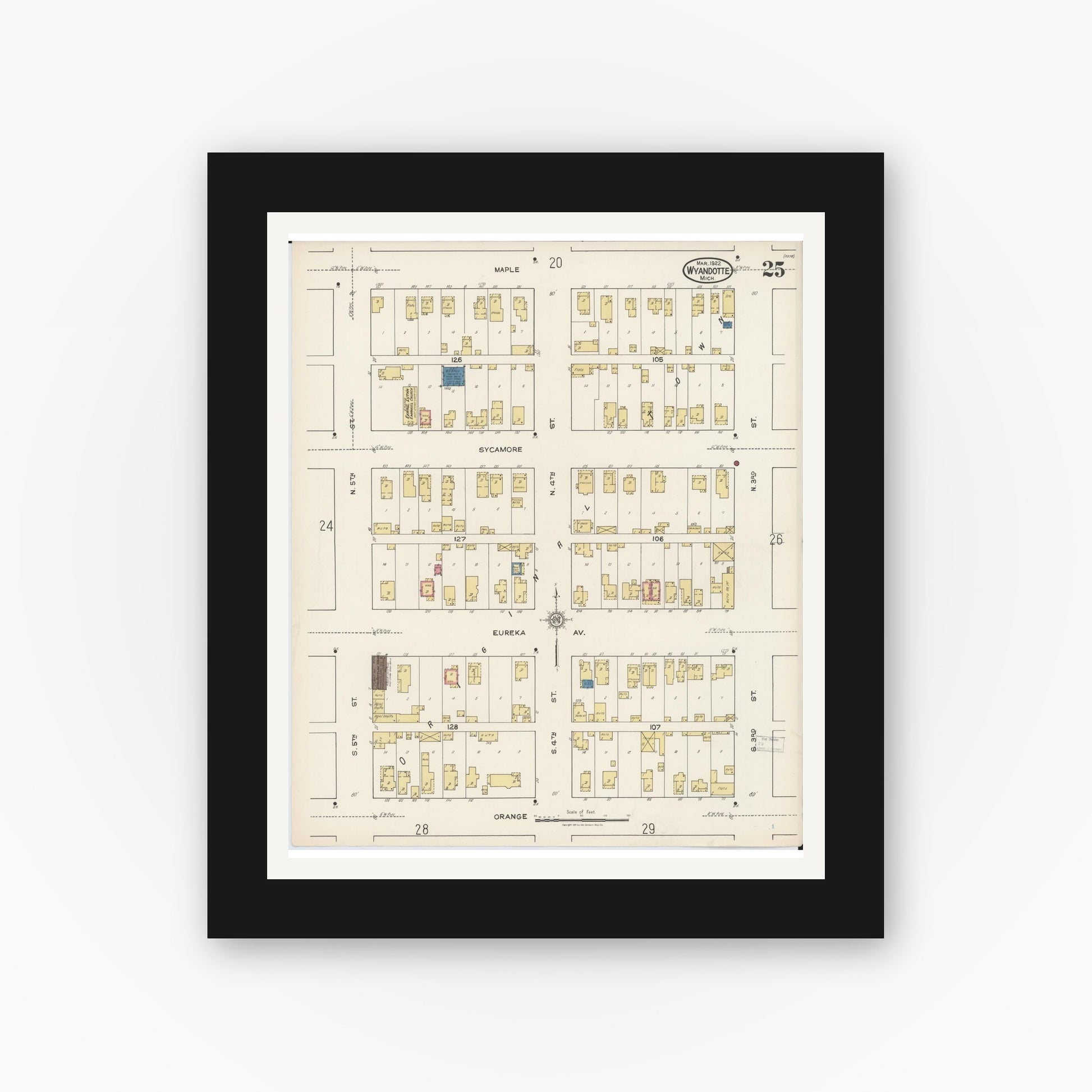 Old map wall art mockup — black gallery frame with white mat — Sanborn Fire Insurance Map from Wyandotte, Wayne County, Michigan (1922), Sheet #0025