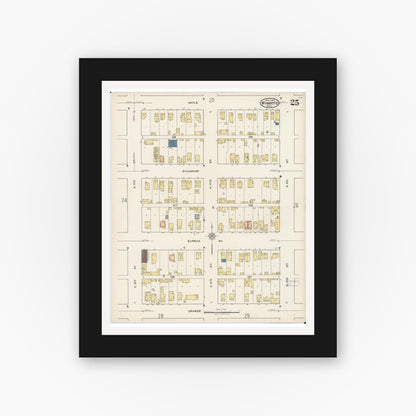 Old map wall art mockup — black gallery frame with white mat — Sanborn Fire Insurance Map from Wyandotte, Wayne County, Michigan (1922), Sheet #0025