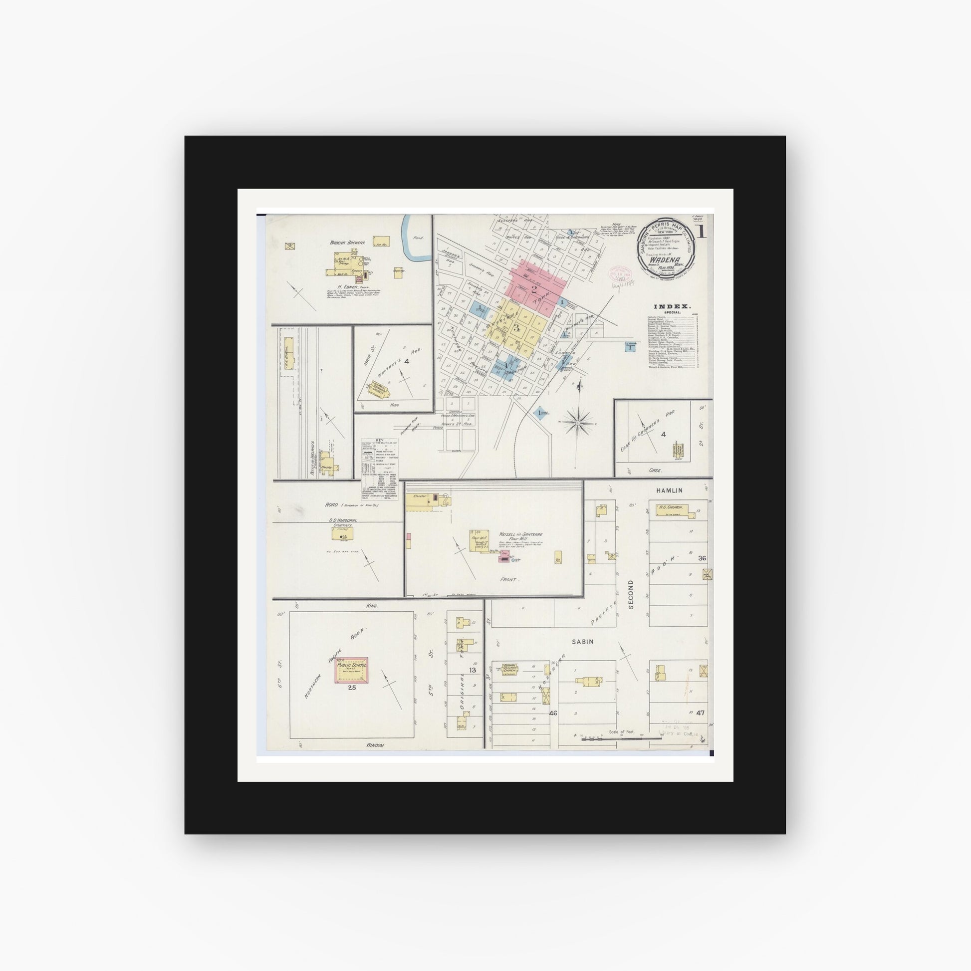 Old map wall art mockup — black gallery frame with white mat — Sanborn Fire Insurance Map from Wadena, Wadena County, Minnesota (1894) - Complete Map Set