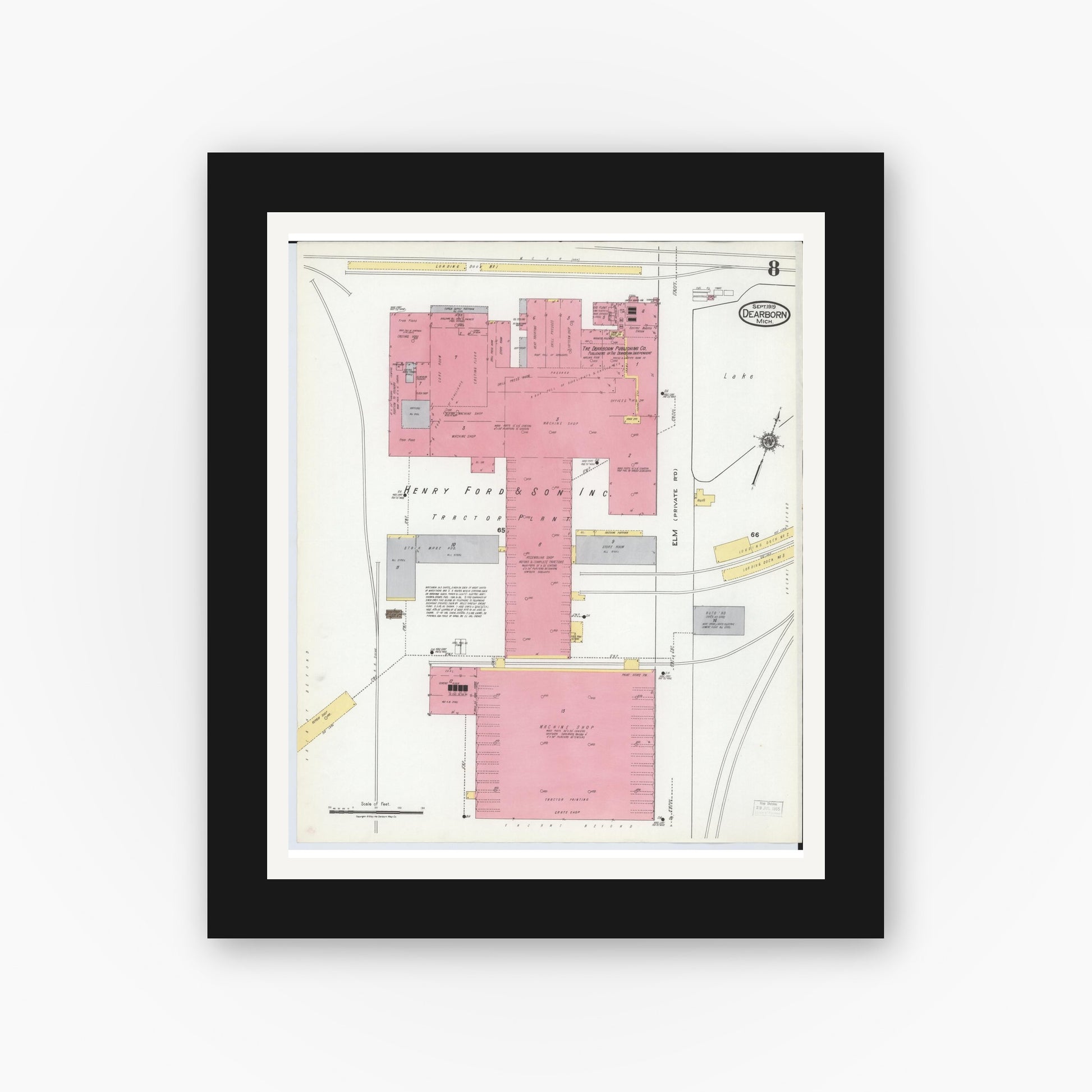 Old map wall art mockup — black gallery frame with white mat — Sanborn Fire Insurance Map from Dearborn, Wayne County, Michigan (1919), Sheet #0008