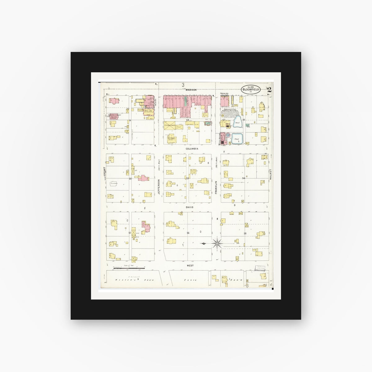 Old map wall art mockup — black gallery frame with white mat — Sanborn Fire Insurance Map from Bloomfield, Davis County, Iowa (1898), Sheet #0002