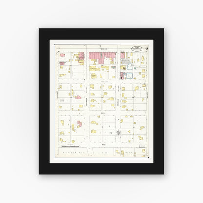 Old map wall art mockup — black gallery frame with white mat — Sanborn Fire Insurance Map from Bloomfield, Davis County, Iowa (1898), Sheet #0002