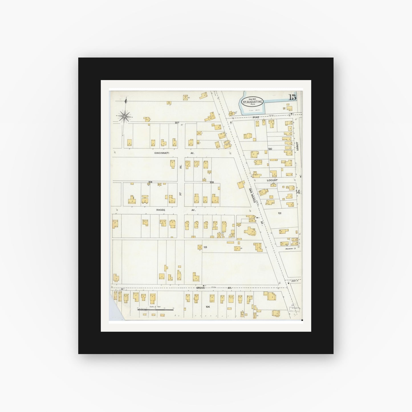 Old map wall art mockup — black gallery frame with white mat — Sanborn Fire Insurance Map from Saint Augustine, Saint John's County, Florida (1904), Sheet #0015