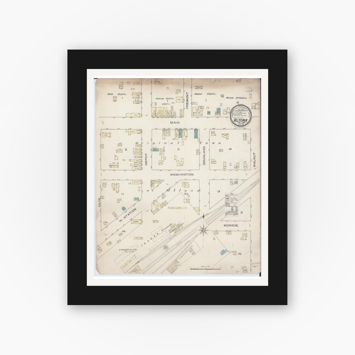Old map wall art mockup — black gallery frame with white mat — Sanborn Fire Insurance Map from Altona, Knox County, Illinois (1886), Sheet #0001