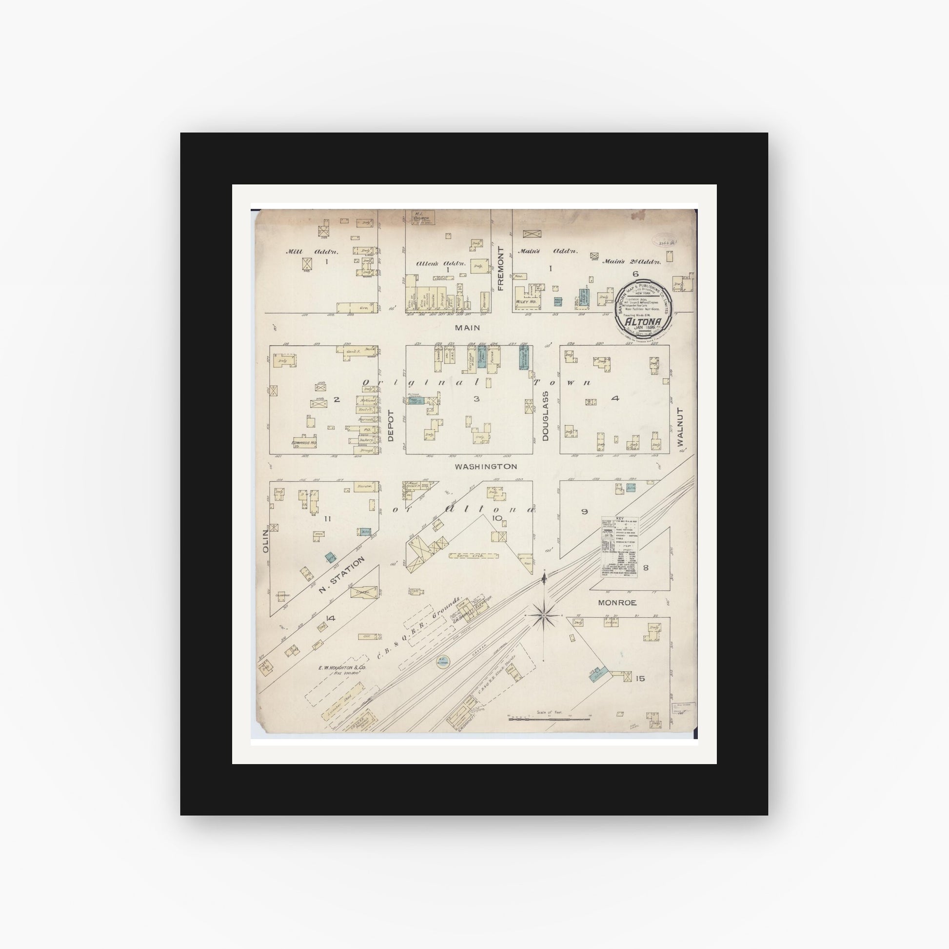 Old map wall art mockup — black gallery frame with white mat — Sanborn Fire Insurance Map from Altona, Knox County, Illinois (1886), Sheet #0001