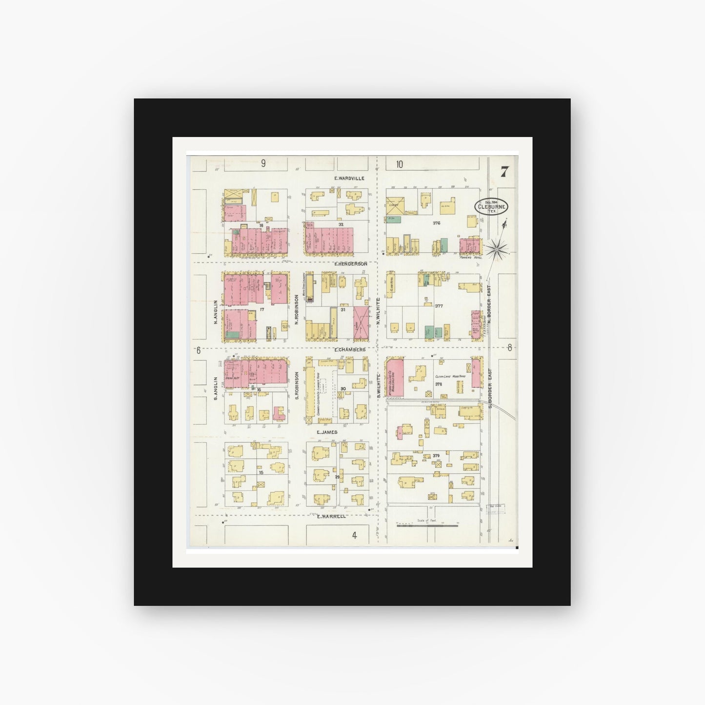 Old map wall art mockup — black gallery frame with white mat — Sanborn Fire Insurance Map from Cleburne, Johnson County, Texas (1904), Sheet #0007