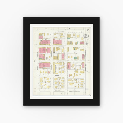 Old map wall art mockup — black gallery frame with white mat — Sanborn Fire Insurance Map from Cleburne, Johnson County, Texas (1904), Sheet #0007