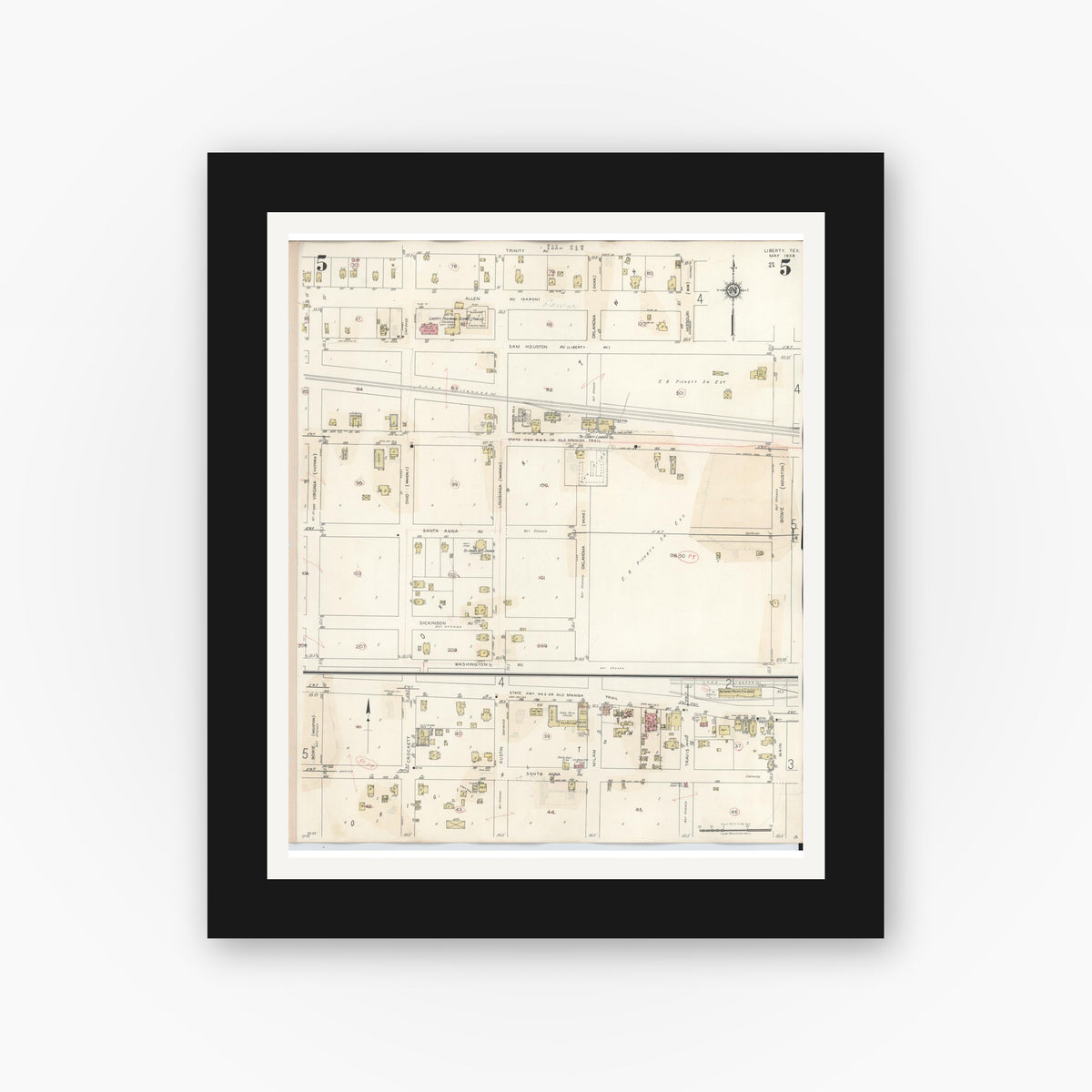 Old map wall art mockup — black gallery frame with white mat — Sanborn Fire Insurance Map from Liberty, Liberty County, Texas (1945), Sheet #0005