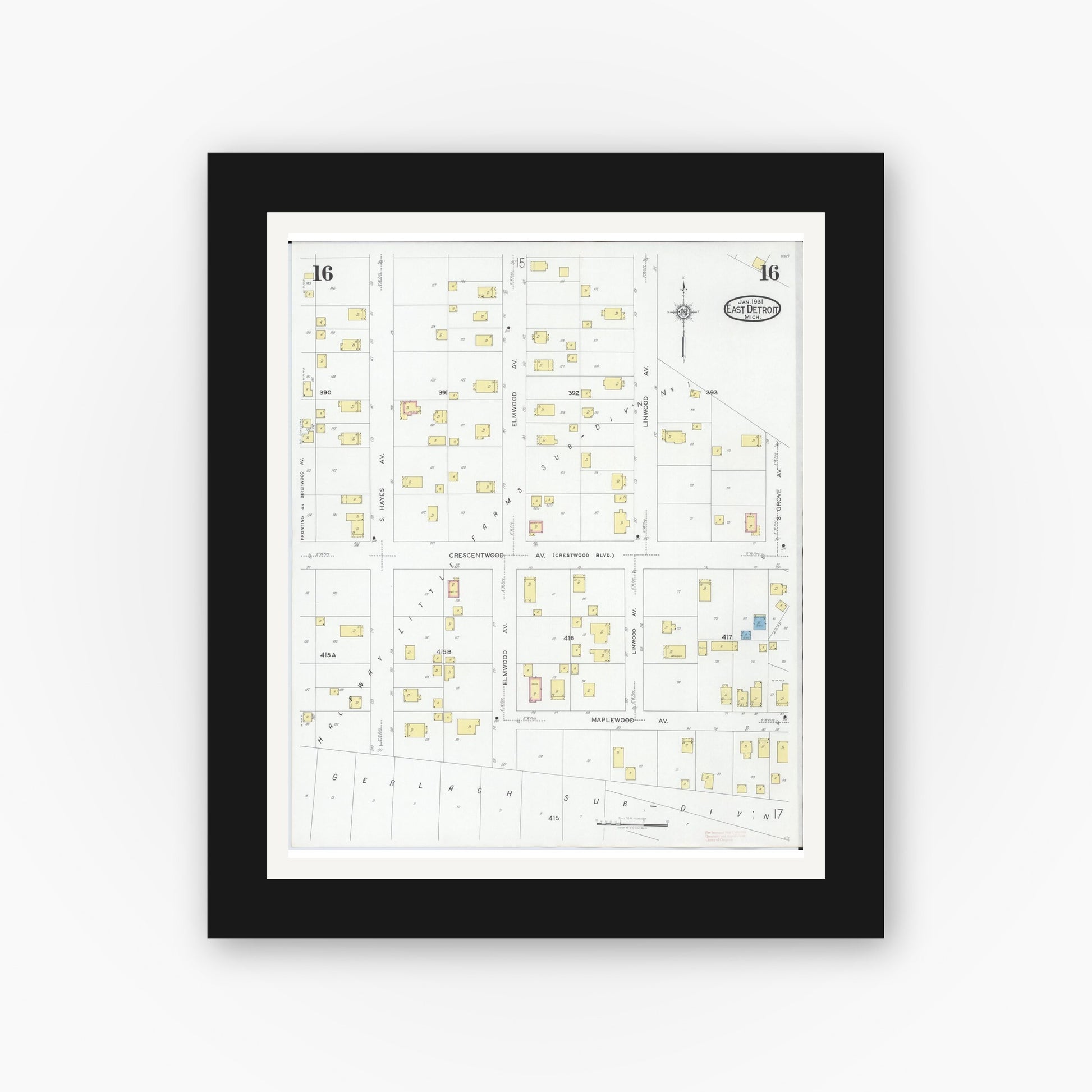 Old map wall art mockup — black gallery frame with white mat — Sanborn Fire Insurance Map from East Detroit, Macomb County, Michigan (1931), Sheet #0016
