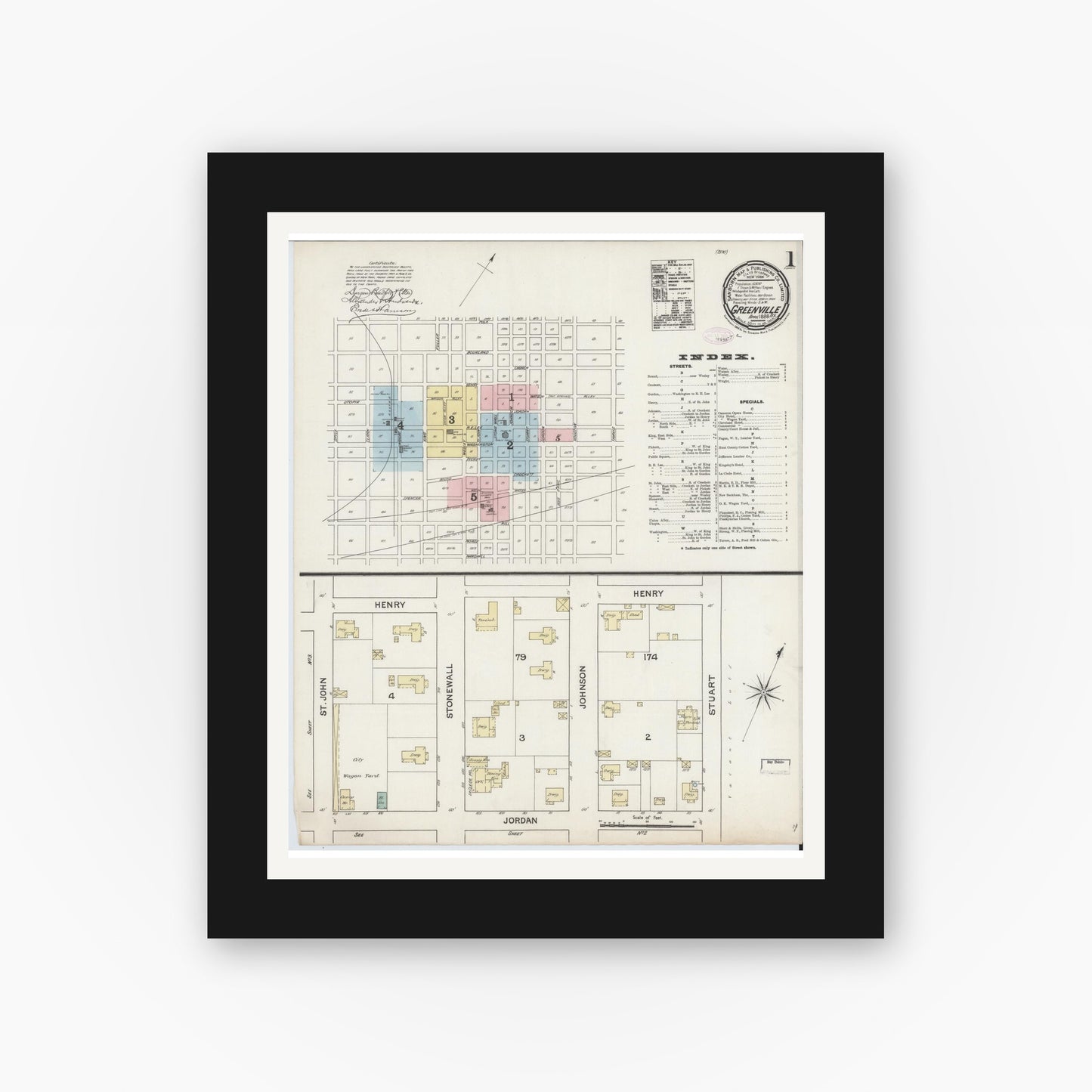 Old map wall art mockup — black gallery frame with white mat — Sanborn Fire Insurance Map from Greenville, Hunt County, Texas (1888), Sheet #0001