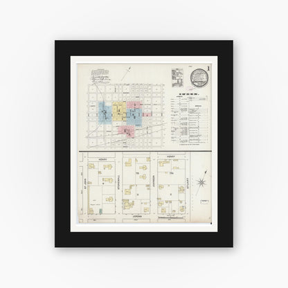 Old map wall art mockup — black gallery frame with white mat — Sanborn Fire Insurance Map from Greenville, Hunt County, Texas (1888), Sheet #0001
