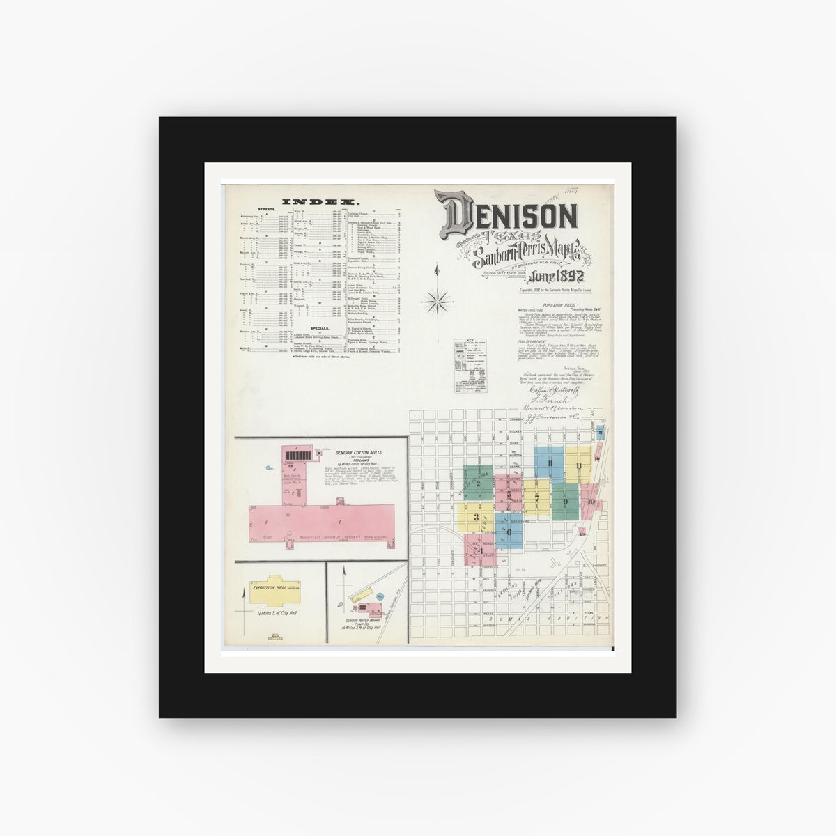 Old map wall art mockup — black gallery frame with white mat — Sanborn Fire Insurance Map from Denison, Grayson County, Texas (1892) - Complete Map Set