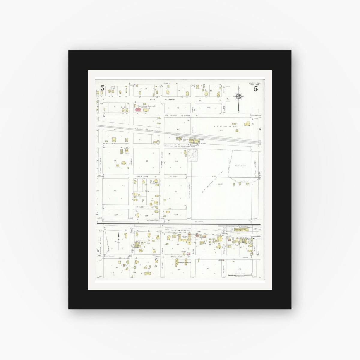 Old map wall art mockup — black gallery frame with white mat — Sanborn Fire Insurance Map from Liberty, Liberty County, Texas (1938), Sheet #0005