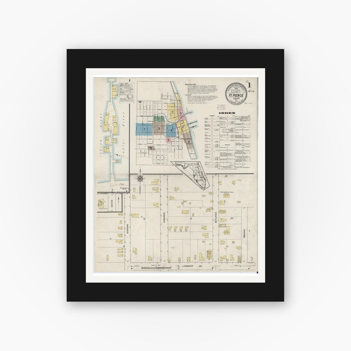 Old map wall art mockup — black gallery frame with white mat — Sanborn Fire Insurance Map from Fort Pierce, St Lucie County, Florida (1915) - Complete Map Set
