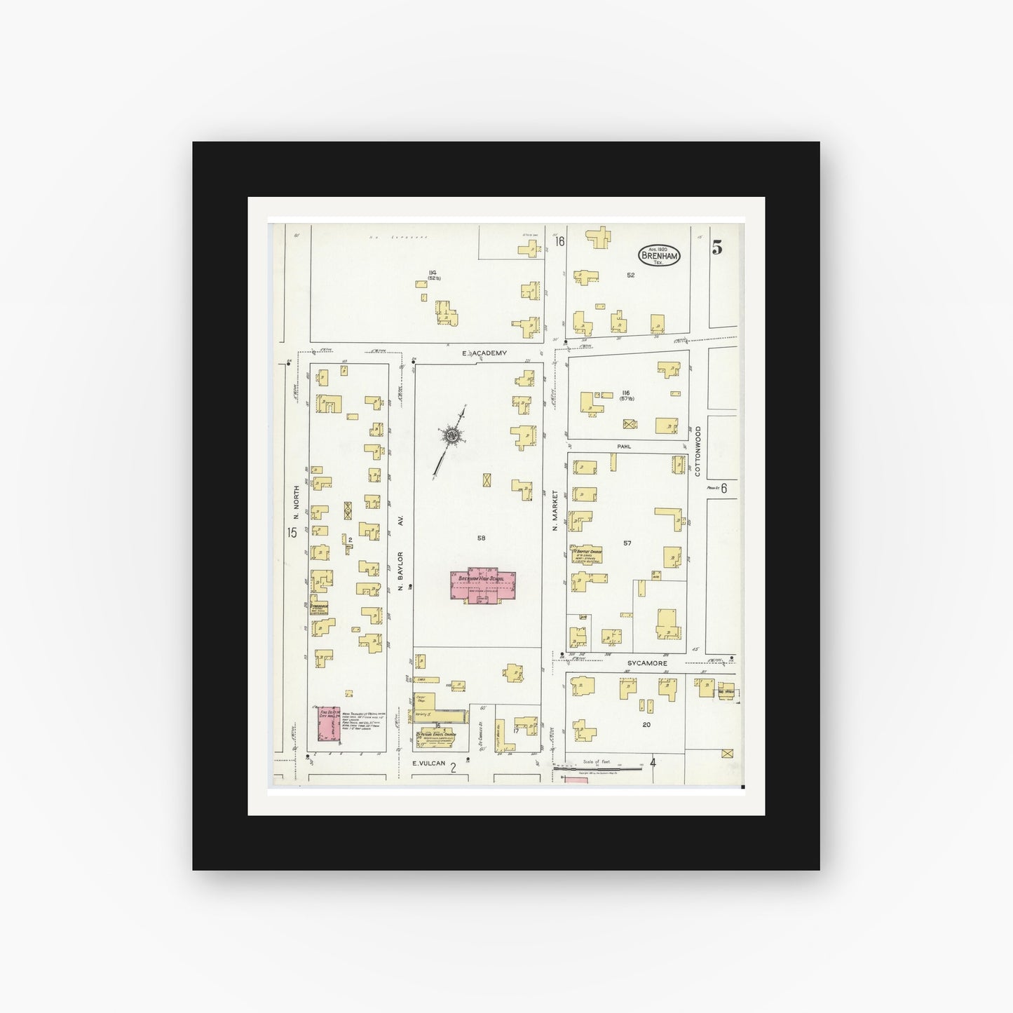 Old map wall art mockup — black gallery frame with white mat — Sanborn Fire Insurance Map from Brenham, Washington County, Texas (1920), Sheet #0005