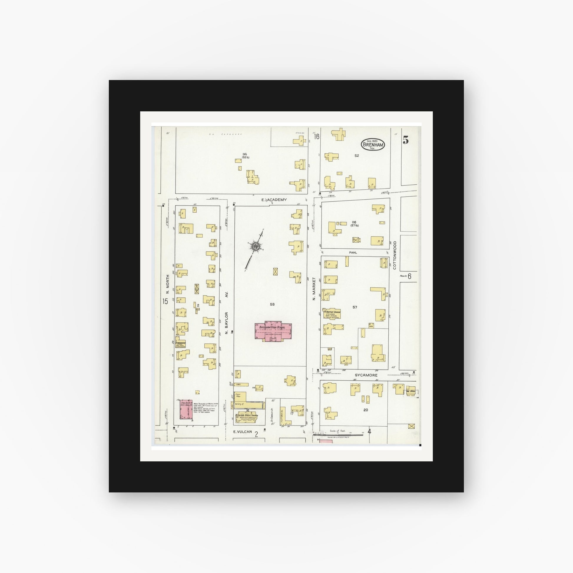 Old map wall art mockup — black gallery frame with white mat — Sanborn Fire Insurance Map from Brenham, Washington County, Texas (1920), Sheet #0005