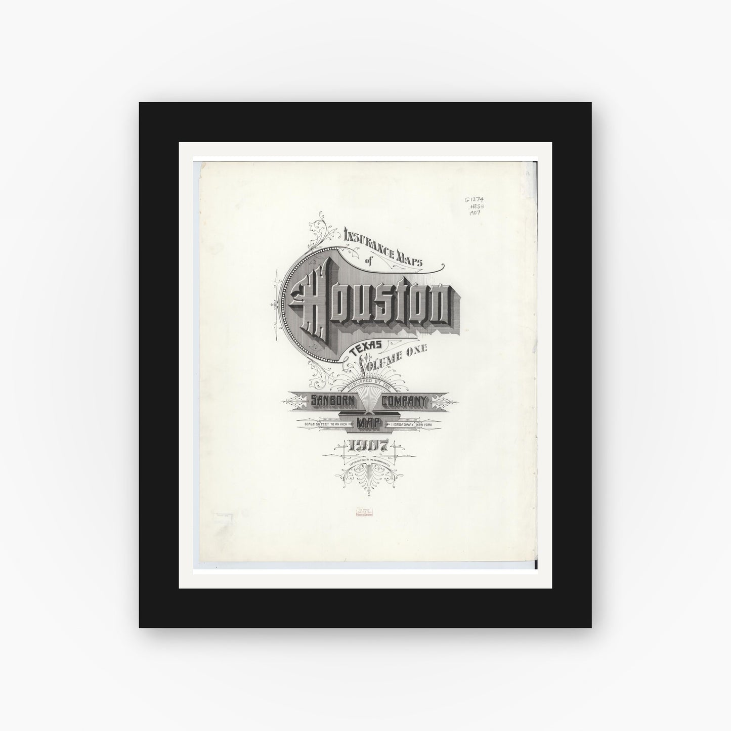 Old map wall art mockup — black gallery frame with white mat — Sanborn Fire Insurance Map from Houston, Harris County, Texas (1907), Sheet #0001