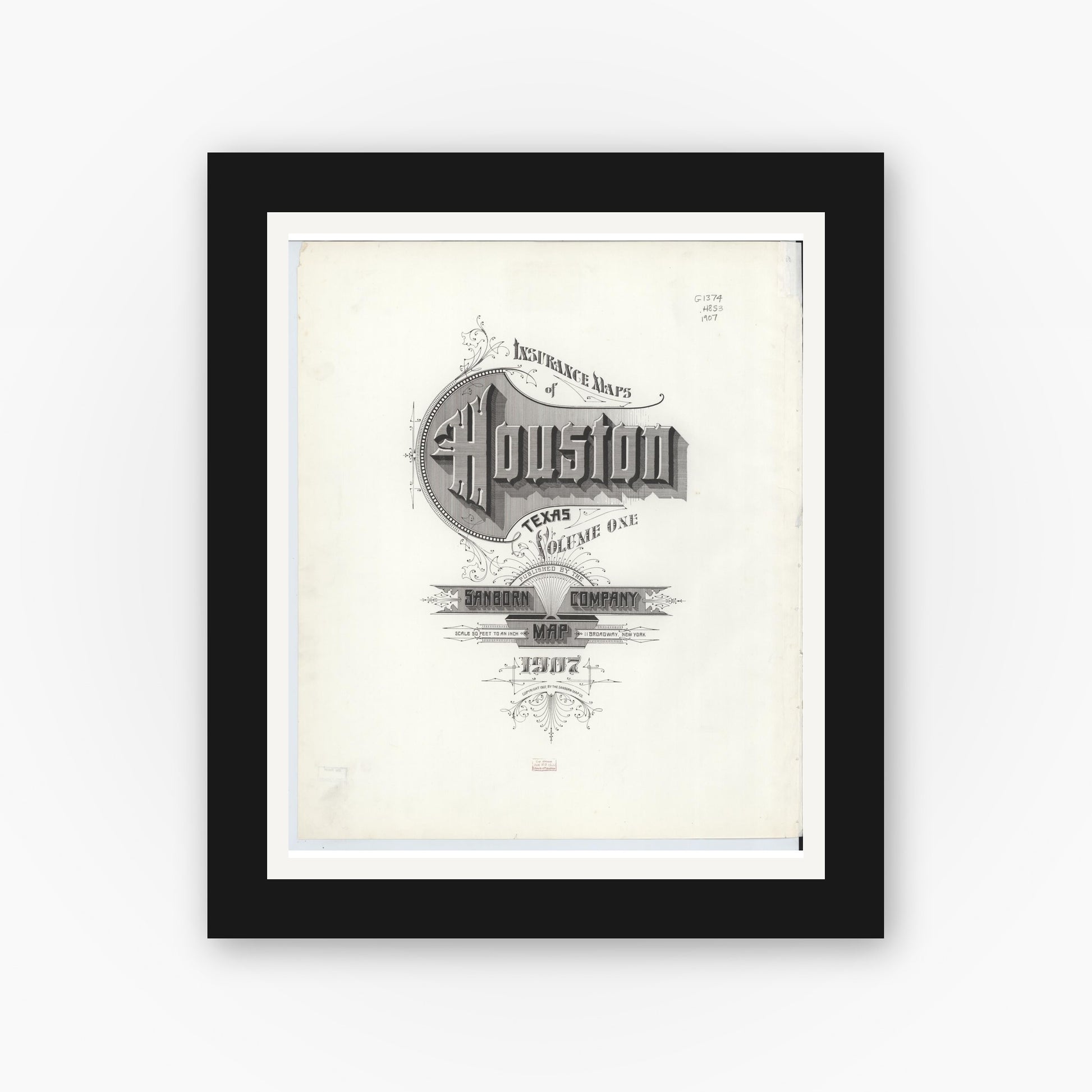 Old map wall art mockup — black gallery frame with white mat — Sanborn Fire Insurance Map from Houston, Harris County, Texas (1907), Sheet #0001