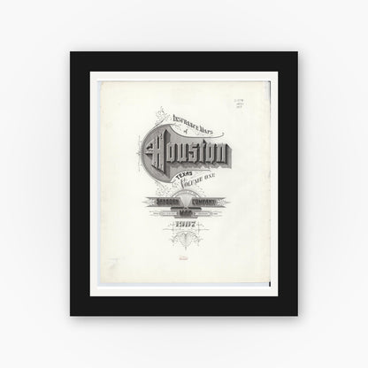 Old map wall art mockup — black gallery frame with white mat — Sanborn Fire Insurance Map from Houston, Harris County, Texas (1907), Sheet #0001