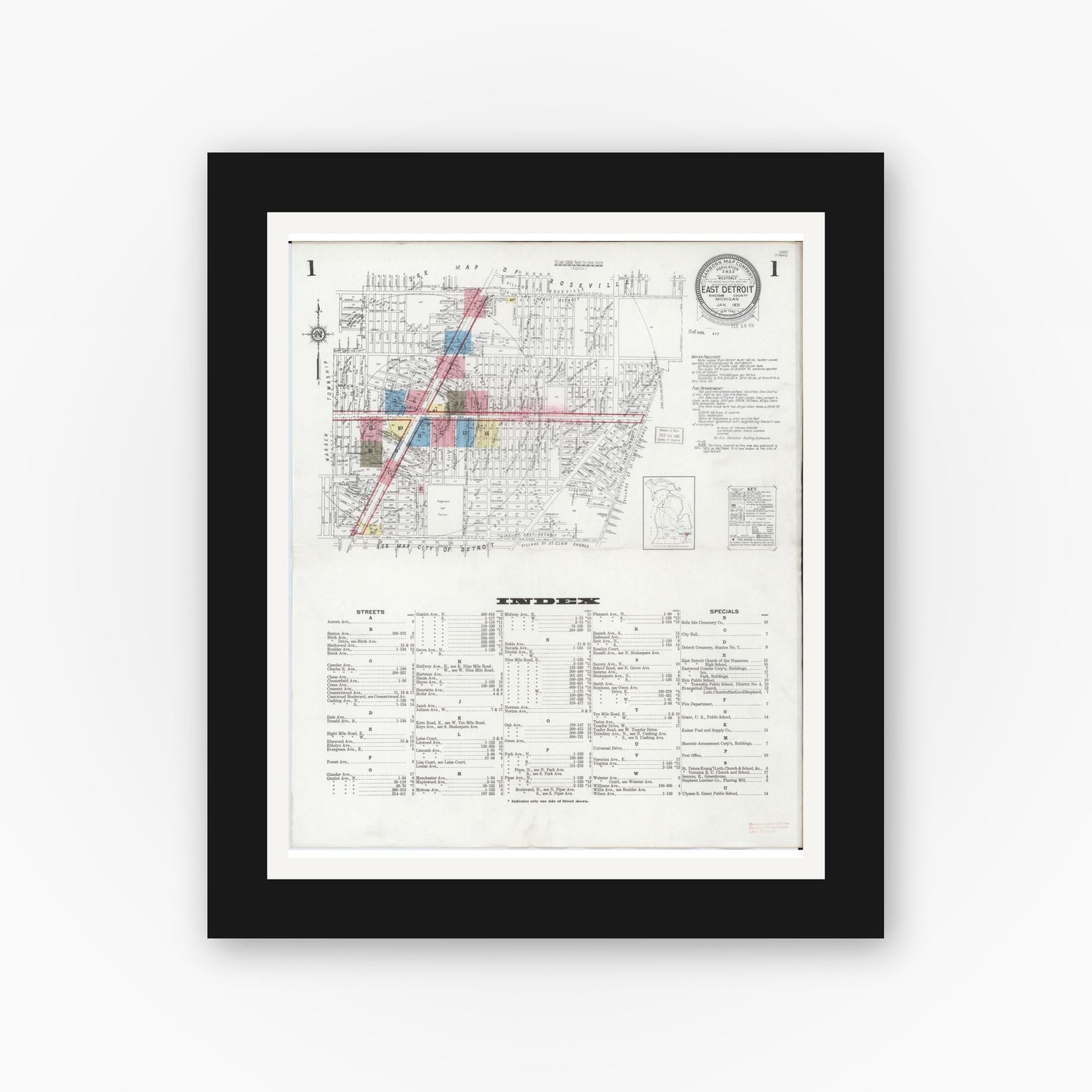 Old map wall art mockup — black gallery frame with white mat — Sanborn Fire Insurance Map from East Detroit, Macomb County, Michigan (1931), Sheet #0001