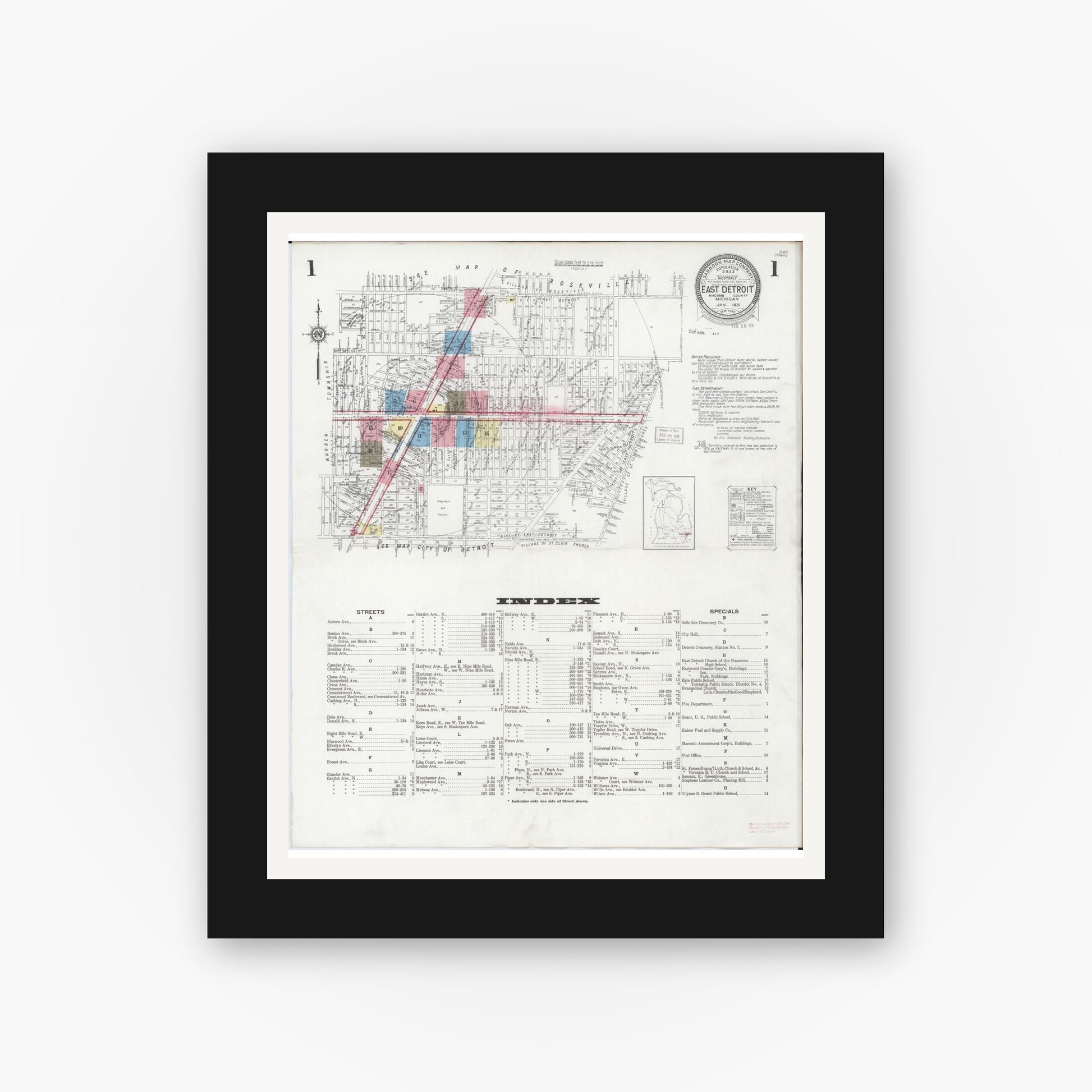 Old map wall art mockup — black gallery frame with white mat — Sanborn Fire Insurance Map from East Detroit, Macomb County, Michigan (1931), Sheet #0001