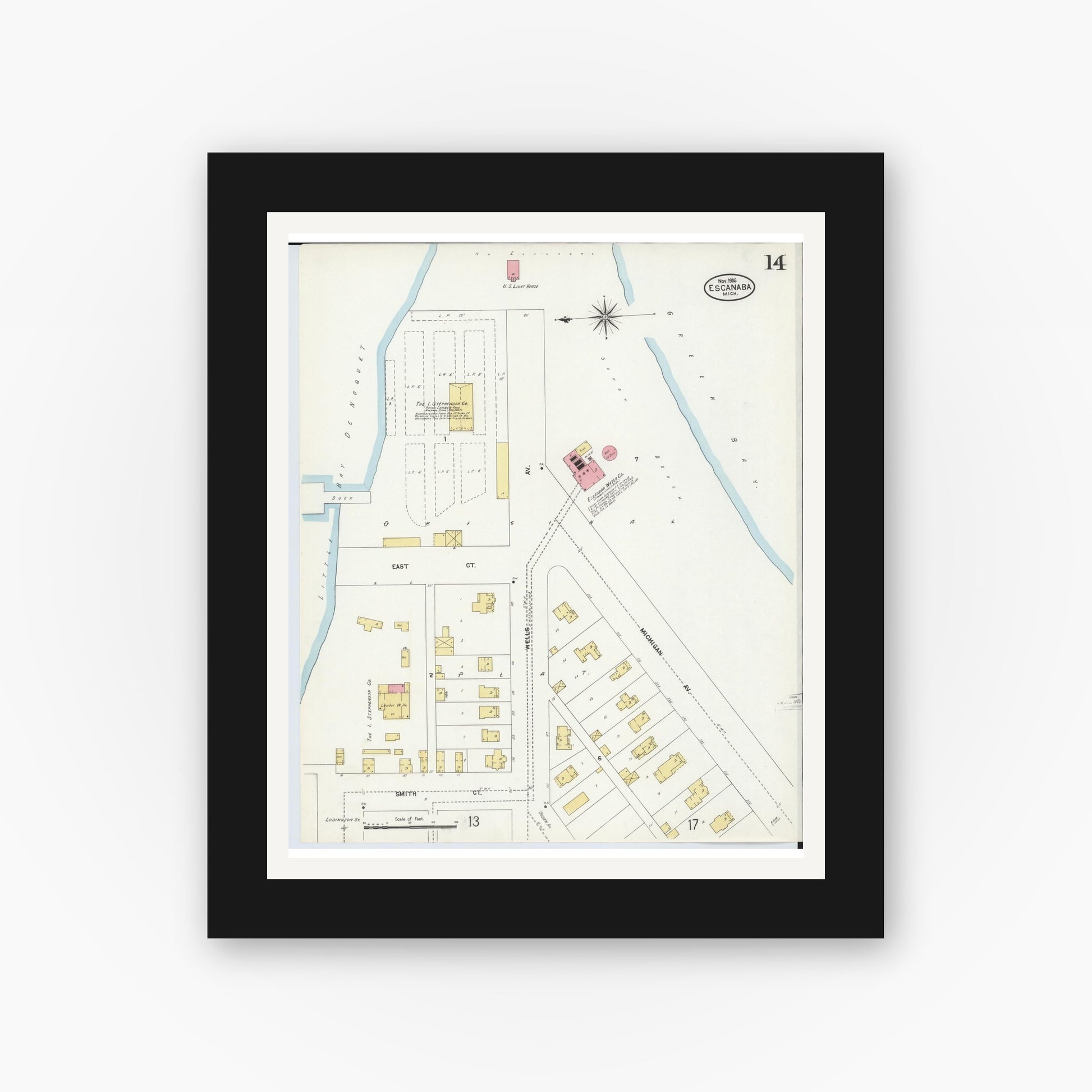 Old map wall art mockup — black gallery frame with white mat — Sanborn Fire Insurance Map from Escanaba, Delta County, Michigan (1906), Sheet #0014