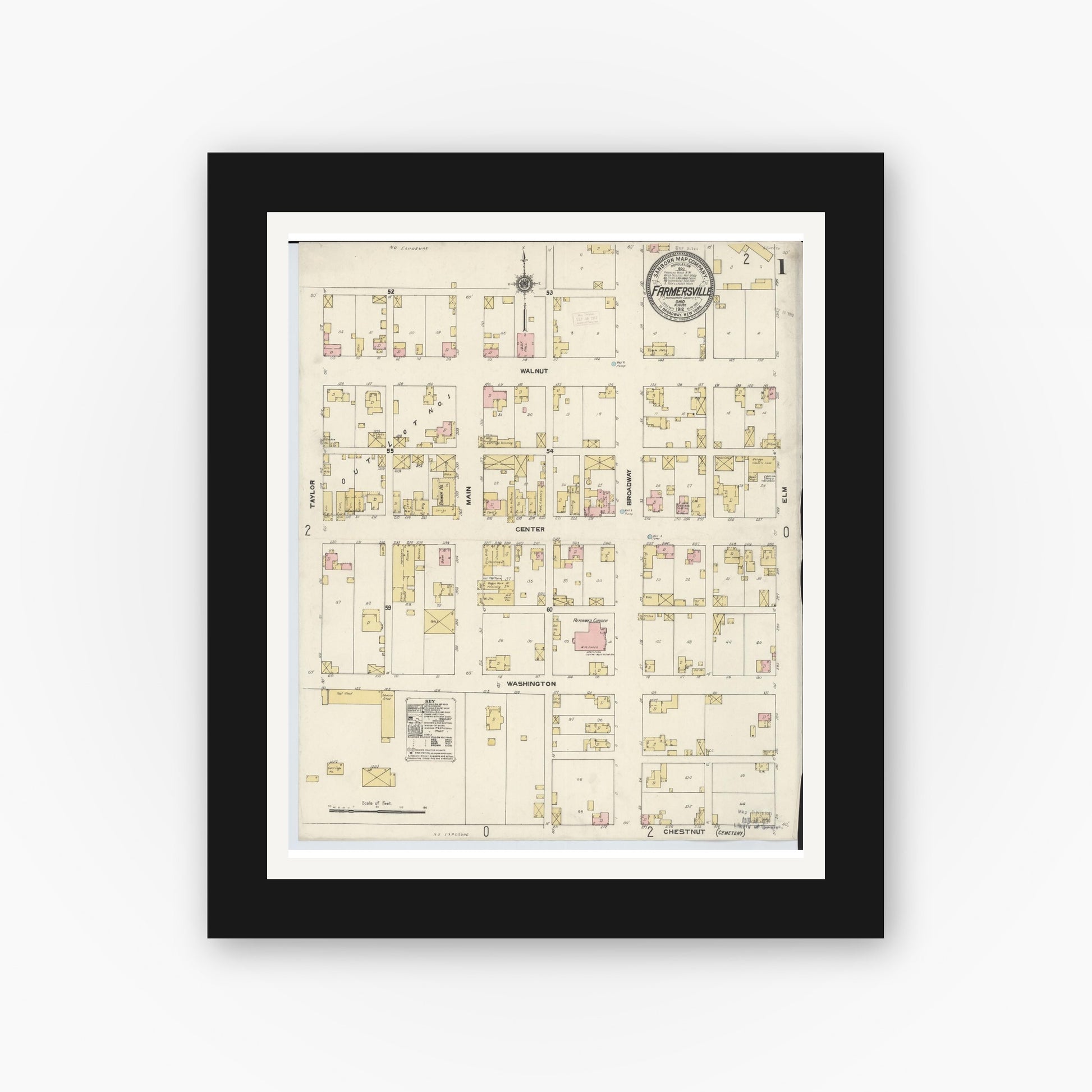 Old map wall art mockup — black gallery frame with white mat — Sanborn Fire Insurance Map from Farmersville, Montogomery County, Ohio (1912), Sheet #0001