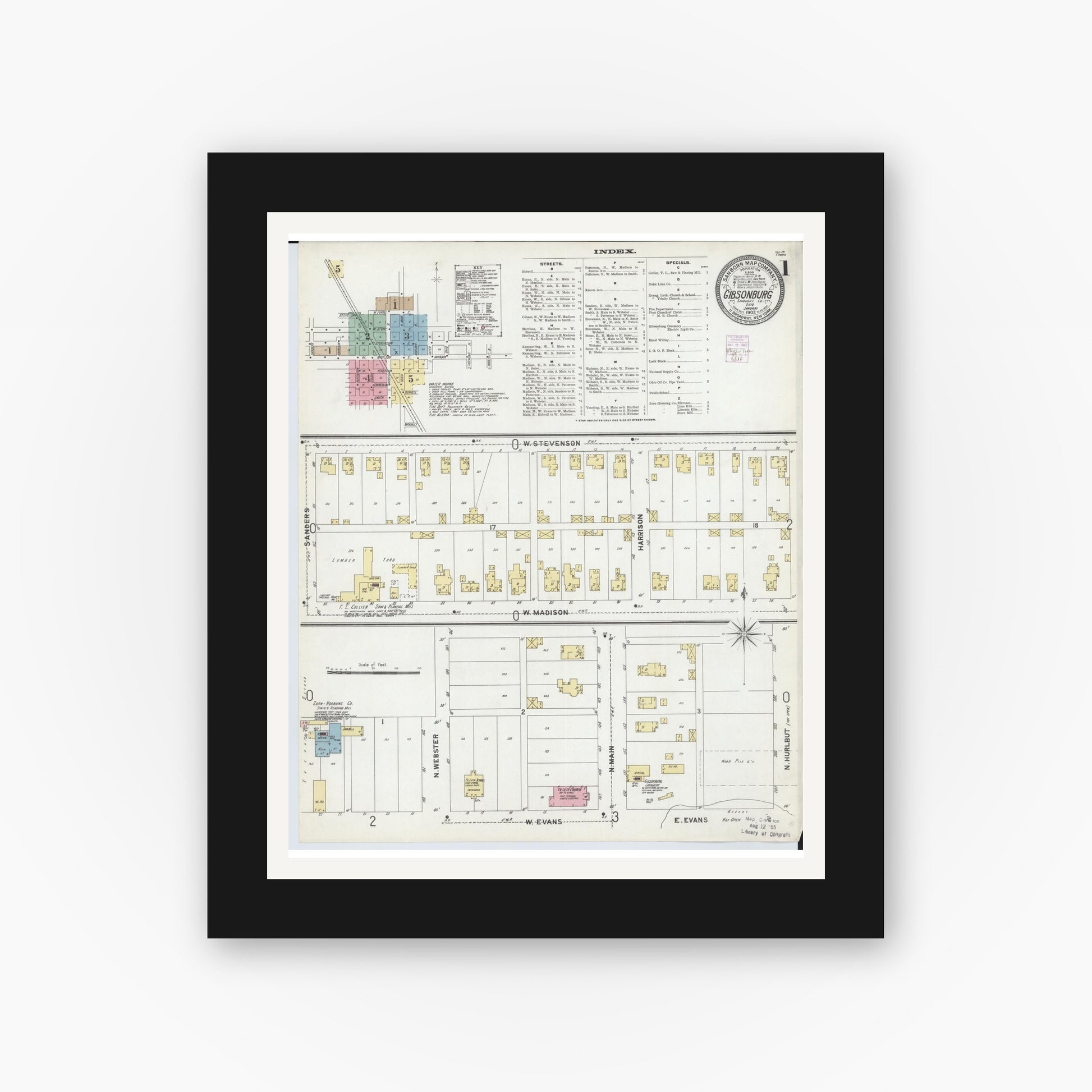Old map wall art mockup — black gallery frame with white mat — Sanborn Fire Insurance Map from Gibsonburg, Sandusky County, Ohio (1902), Sheet #0001