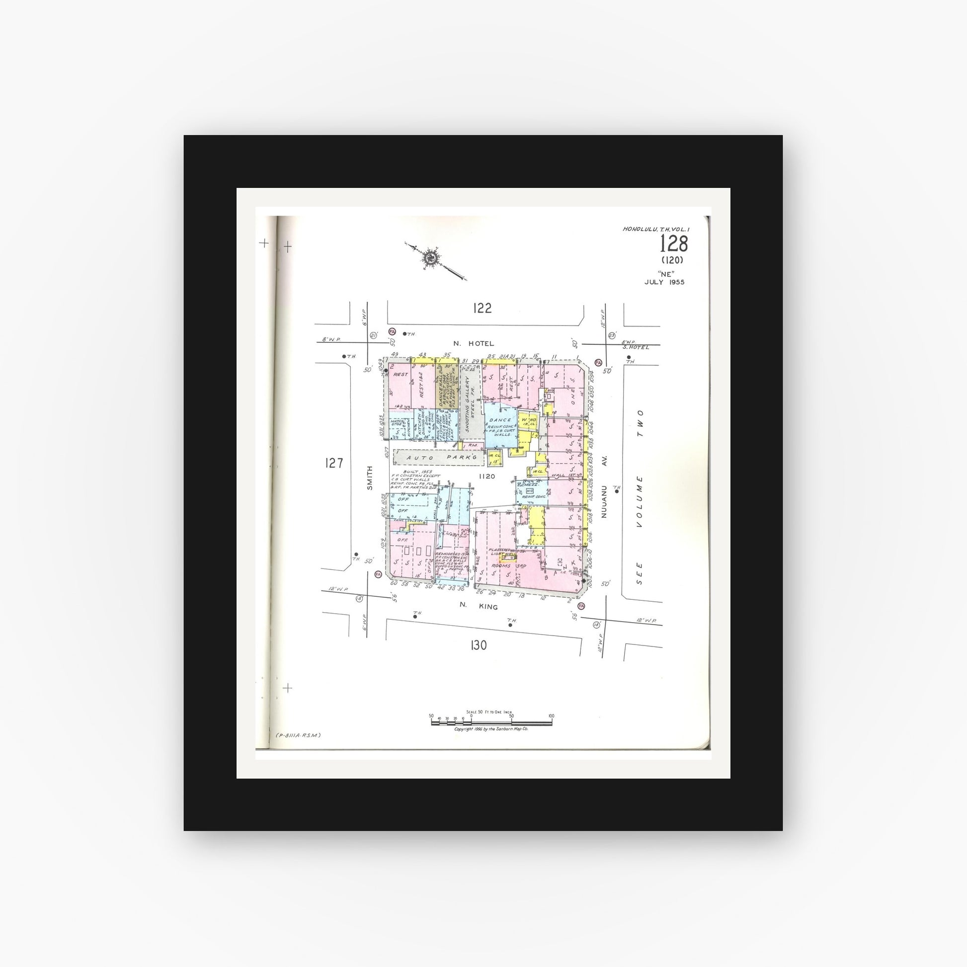Old map wall art mockup — black gallery frame with white mat — Sanborn Fire Insurance Map from Honolulu, Oahu County, Hawaii (1955), Sheet #0128
