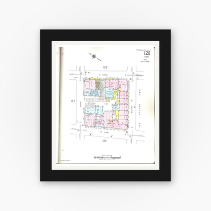 Old map wall art mockup — black gallery frame with white mat — Sanborn Fire Insurance Map from Honolulu, Oahu County, Hawaii (1955), Sheet #0128