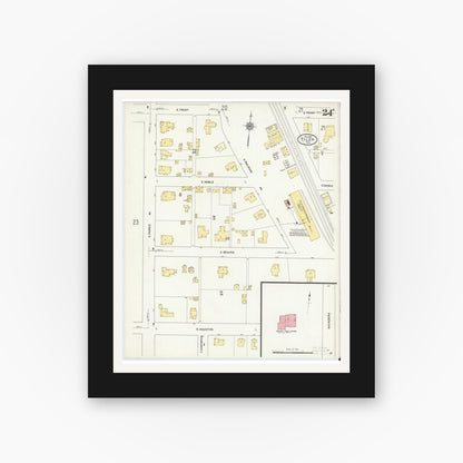 Old map wall art mockup — black gallery frame with white mat — Sanborn Fire Insurance Map from Tyler, Smith County, Texas (1912), Sheet #0024