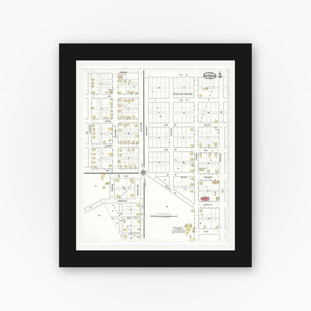 Old map wall art mockup — black gallery frame with white mat — Sanborn Fire Insurance Map from Granger, Williamson County, Texas (1921), Sheet #0005