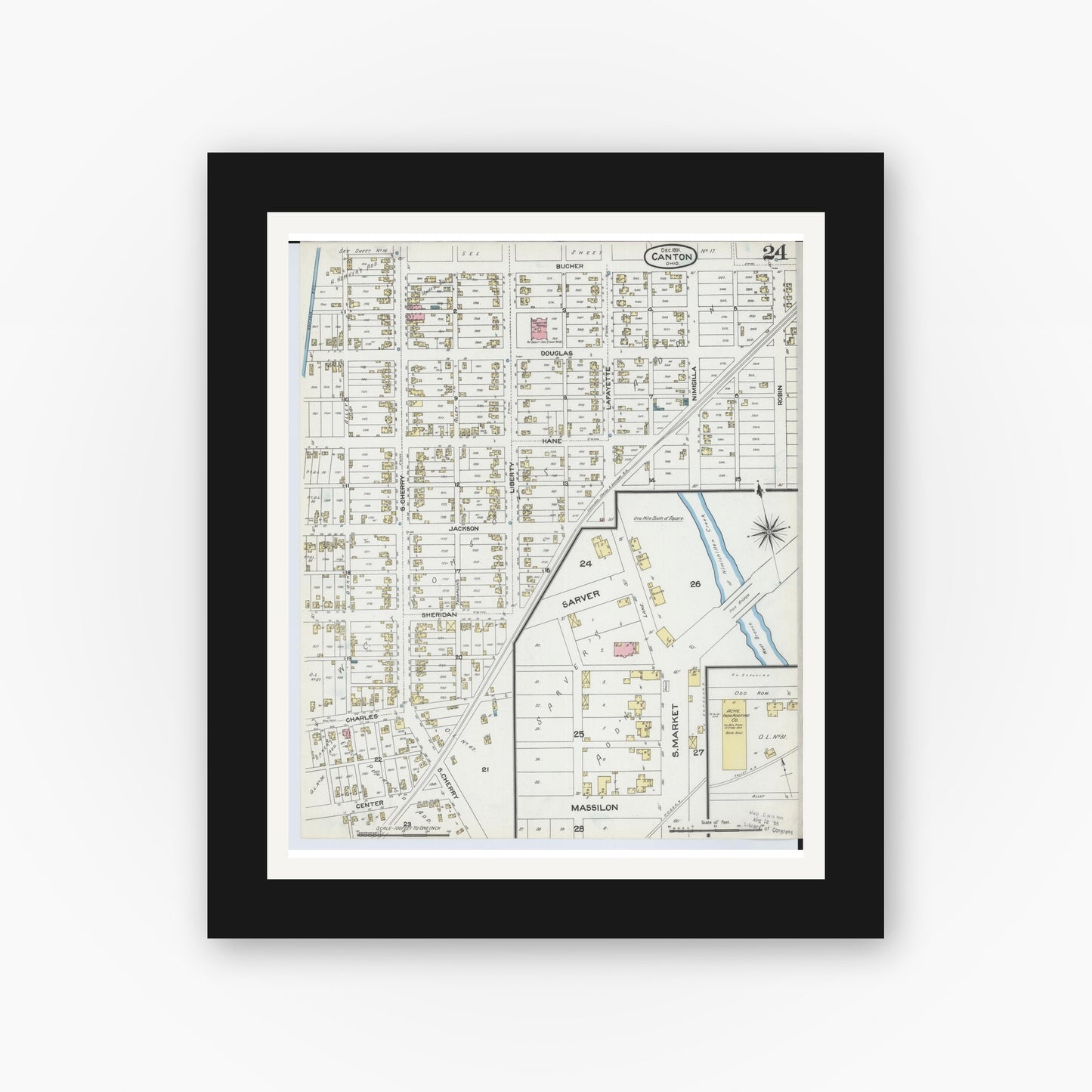 Old map wall art mockup — black gallery frame with white mat — Sanborn Fire Insurance Map from Canton, Stark County, Ohio (1891), Sheet #0024