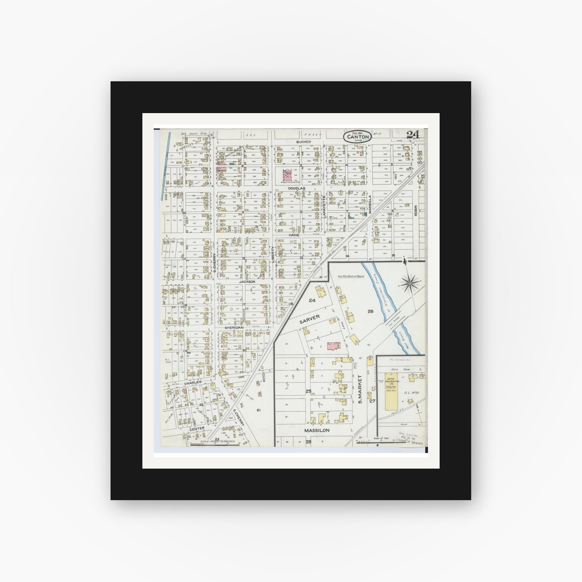 Old map wall art mockup — black gallery frame with white mat — Sanborn Fire Insurance Map from Canton, Stark County, Ohio (1891), Sheet #0024