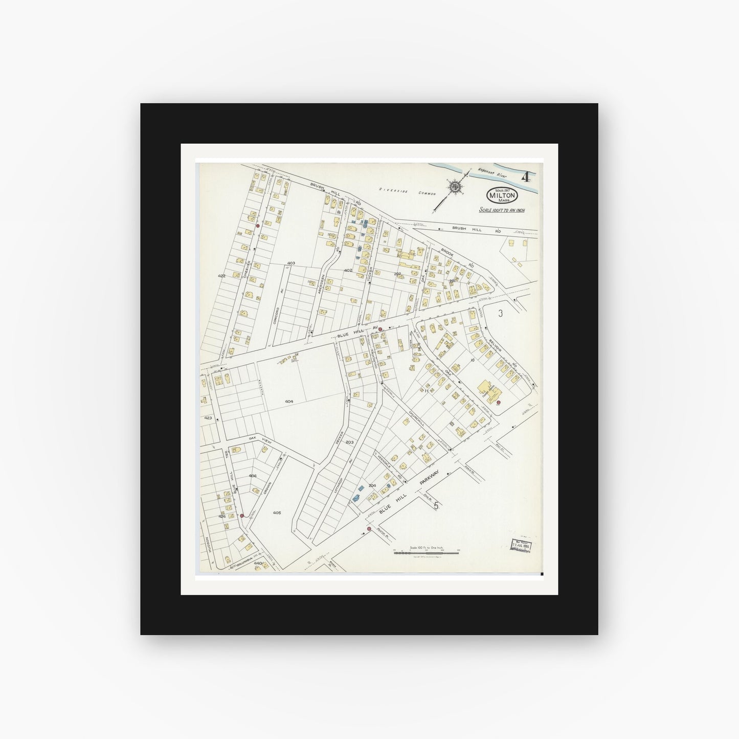 Old map wall art mockup — black gallery frame with white mat — Sanborn Fire Insurance Map from Milton, Norfolk County, Massachusetts (1917), Sheet #0004