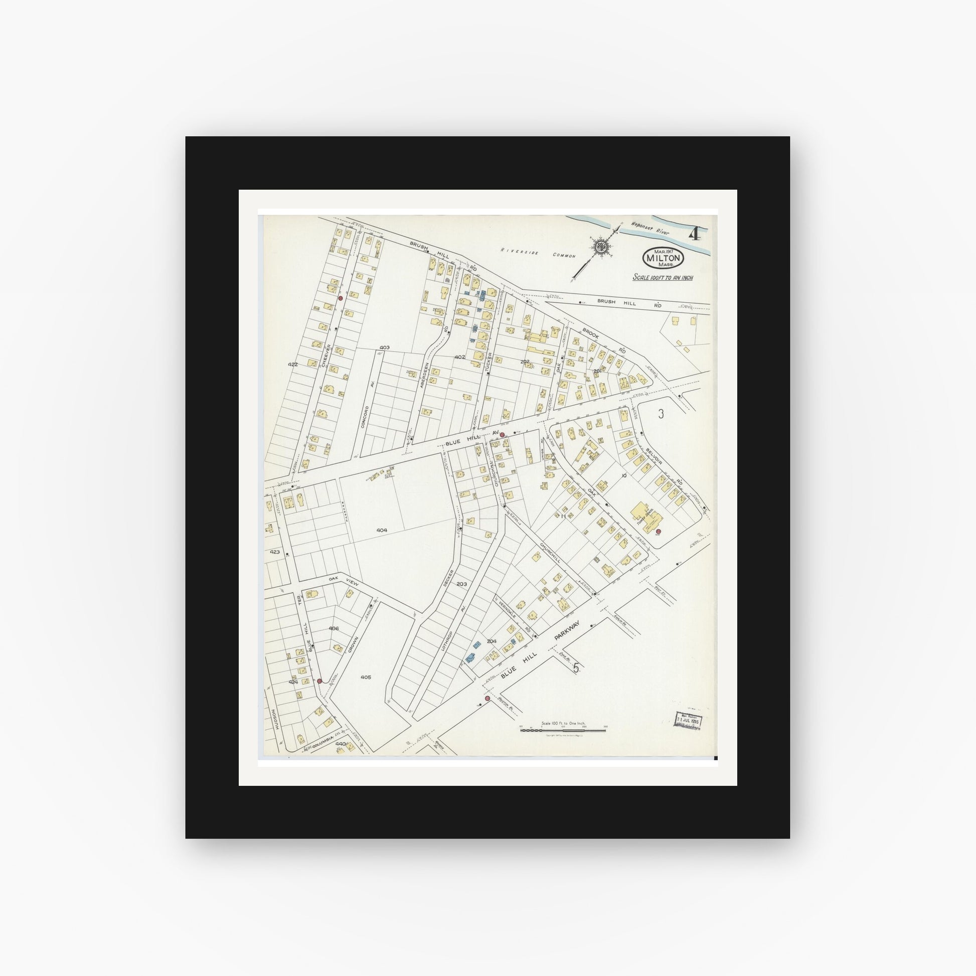 Old map wall art mockup — black gallery frame with white mat — Sanborn Fire Insurance Map from Milton, Norfolk County, Massachusetts (1917), Sheet #0004