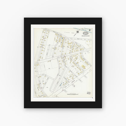 Old map wall art mockup — black gallery frame with white mat — Sanborn Fire Insurance Map from Milton, Norfolk County, Massachusetts (1917), Sheet #0004