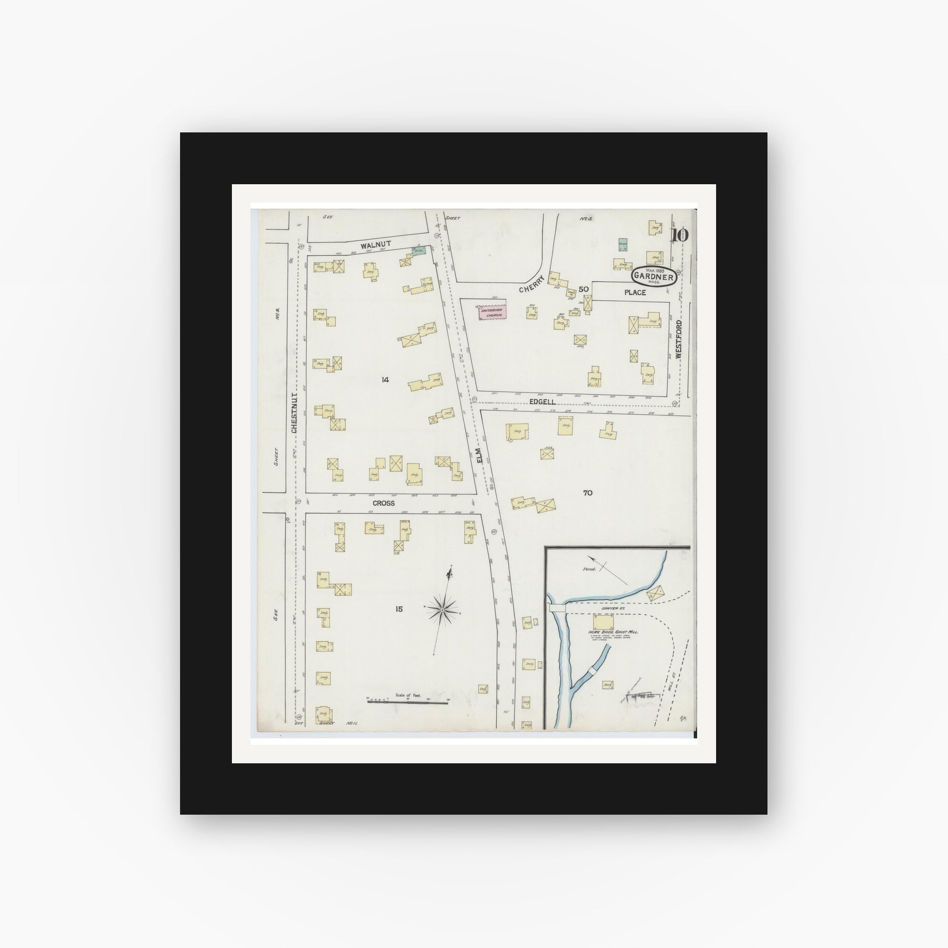 Old map wall art mockup — black gallery frame with white mat — Sanborn Fire Insurance Map from Gardner, Worcester County, Massachusetts (1889), Sheet #0010