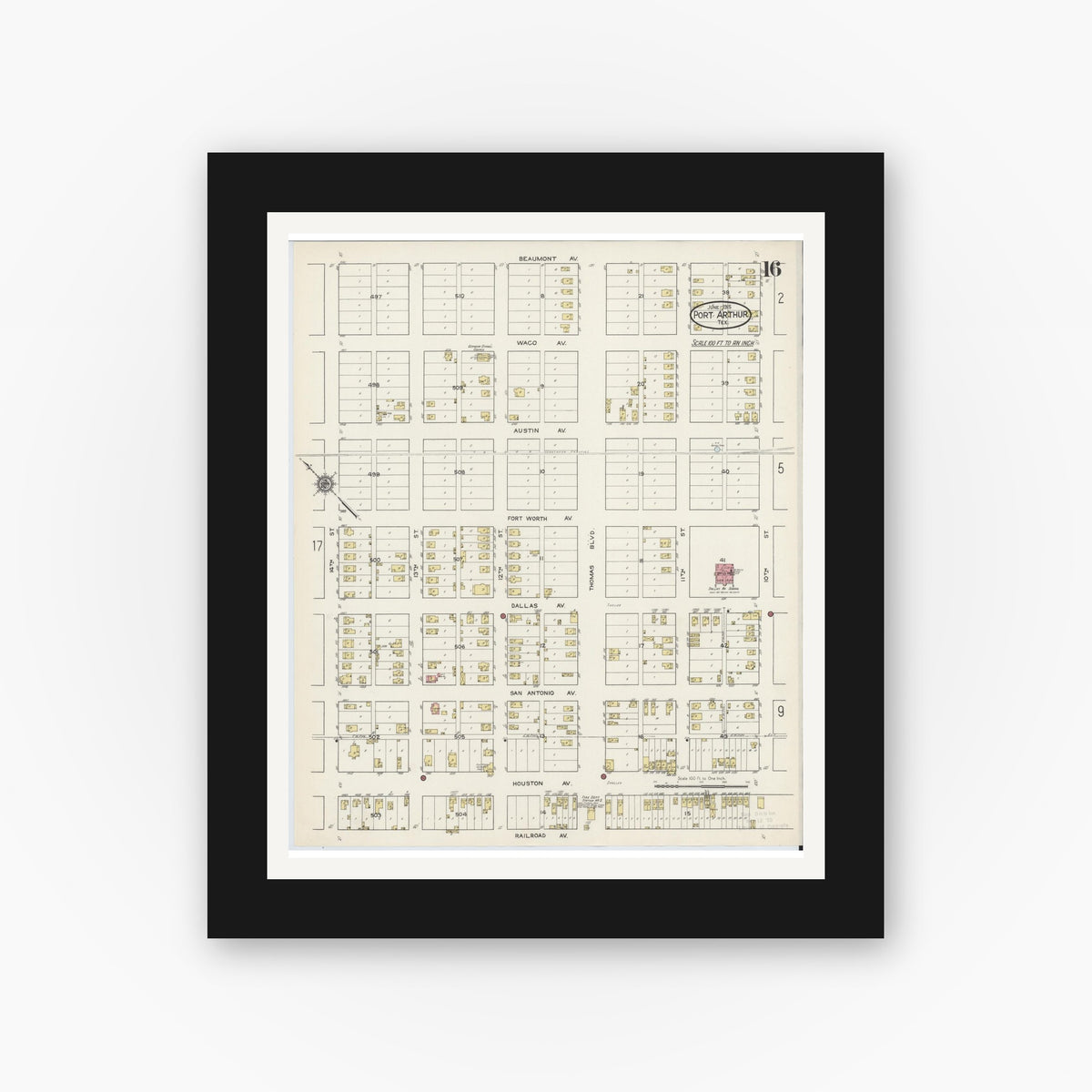 Old map wall art mockup — black gallery frame with white mat — Sanborn Fire Insurance Map from Port Arthur, Jefferson County, Texas (1915), Sheet #0016