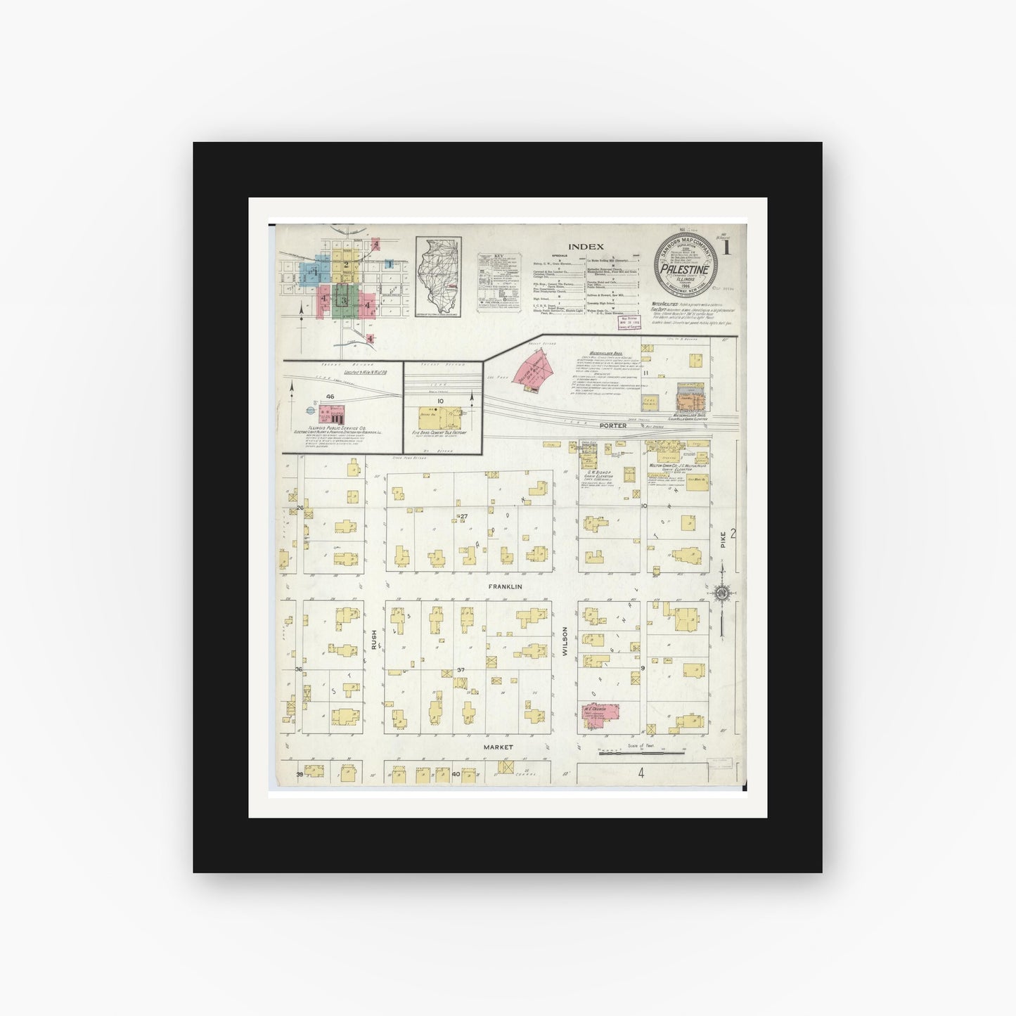 Old map wall art mockup — black gallery frame with white mat — Sanborn Fire Insurance Map from Palestine, Crawford County, Illinois (1916) - Complete Map Set