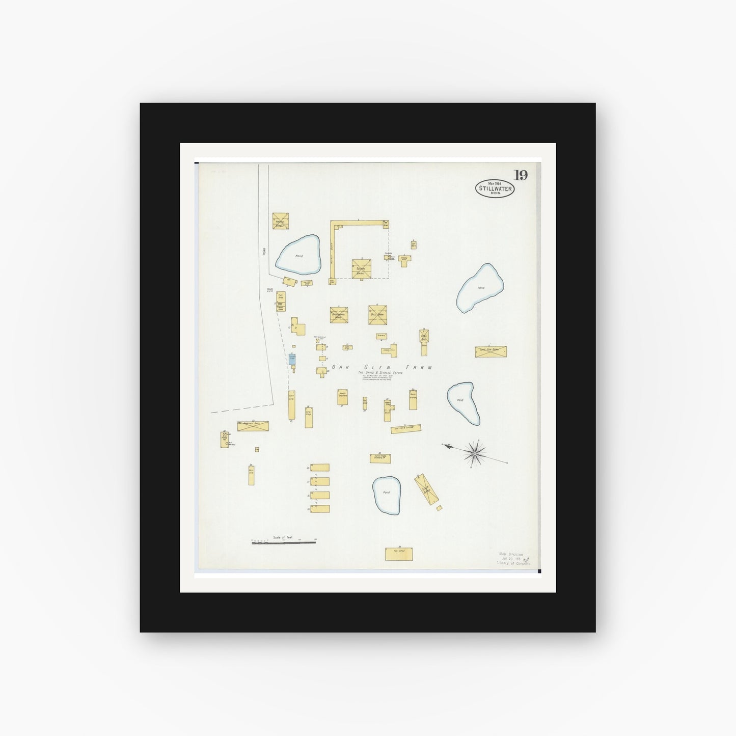 Old map wall art mockup — black gallery frame with white mat — Sanborn Fire Insurance Map from Stillwater, Washington County, Minnesota (1904), Sheet #0019