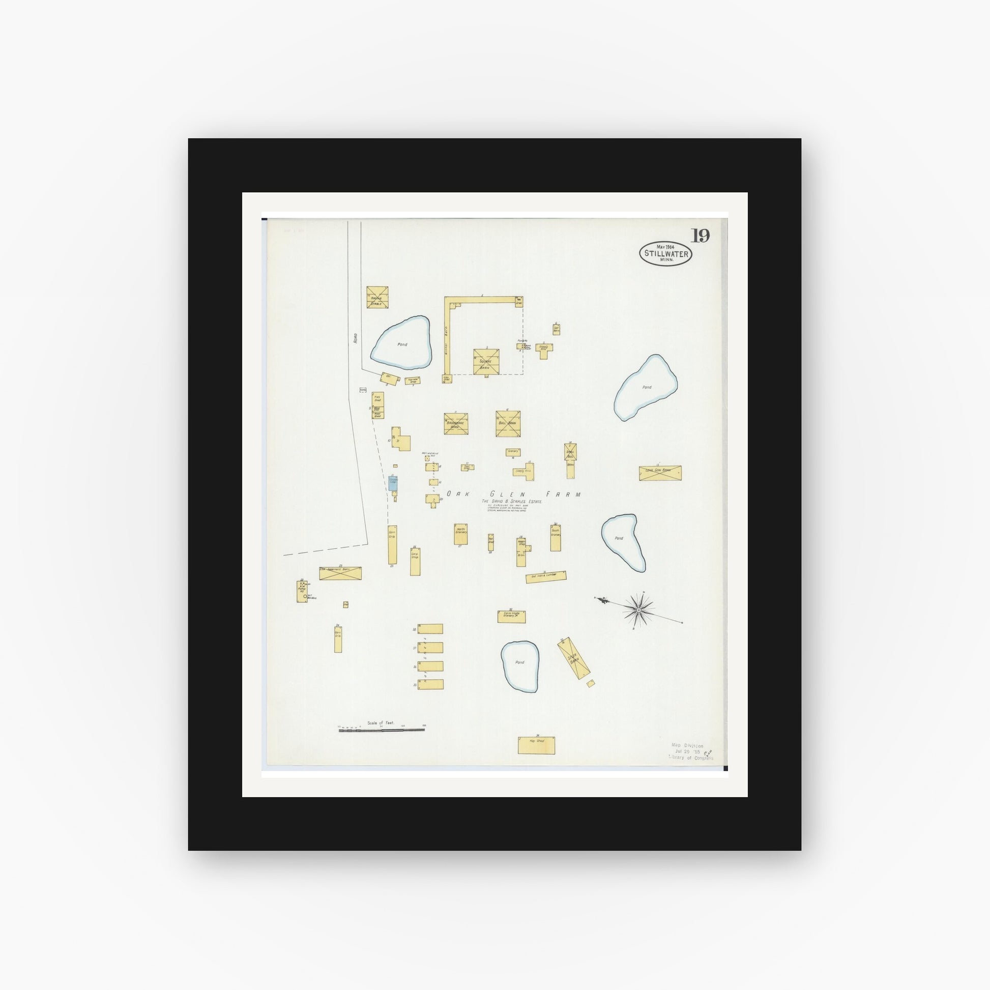 Old map wall art mockup — black gallery frame with white mat — Sanborn Fire Insurance Map from Stillwater, Washington County, Minnesota (1904), Sheet #0019