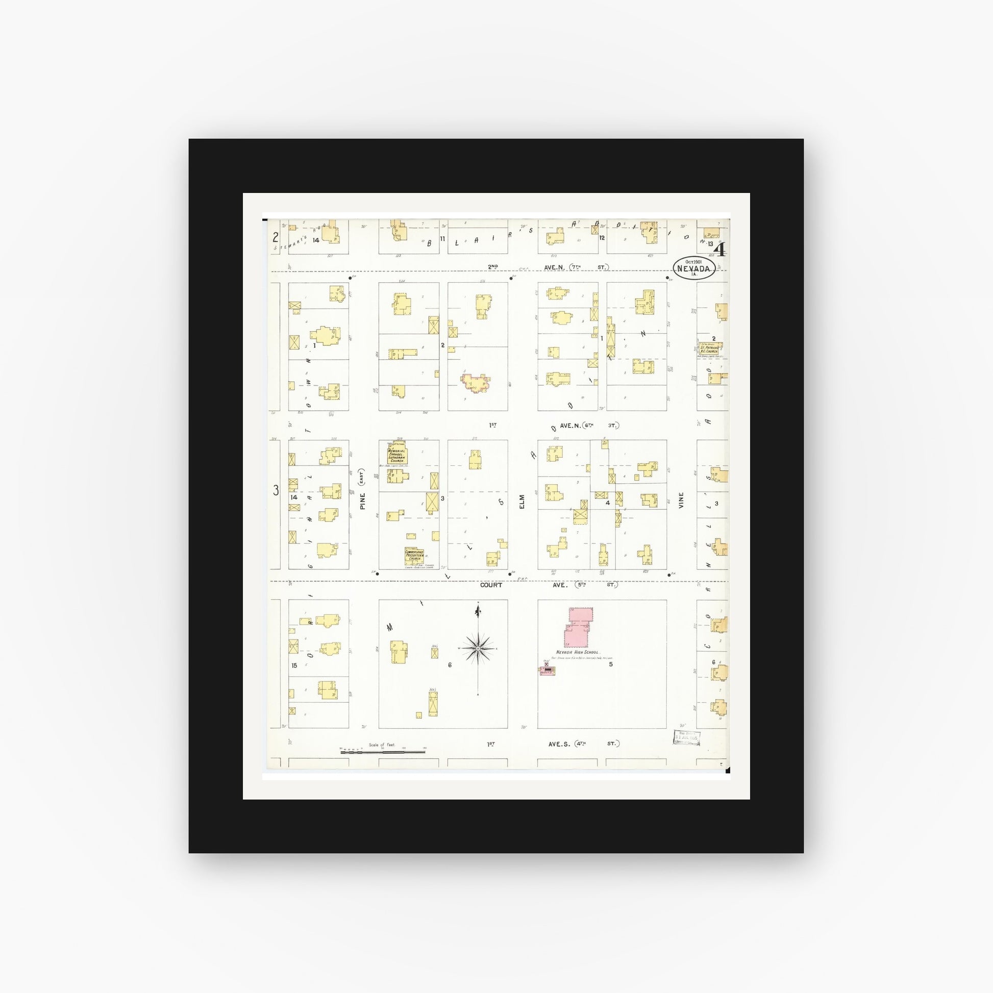 Old map wall art mockup — black gallery frame with white mat — Sanborn Fire Insurance Map from Nevada, Story County, Iowa (1901), Sheet #0004