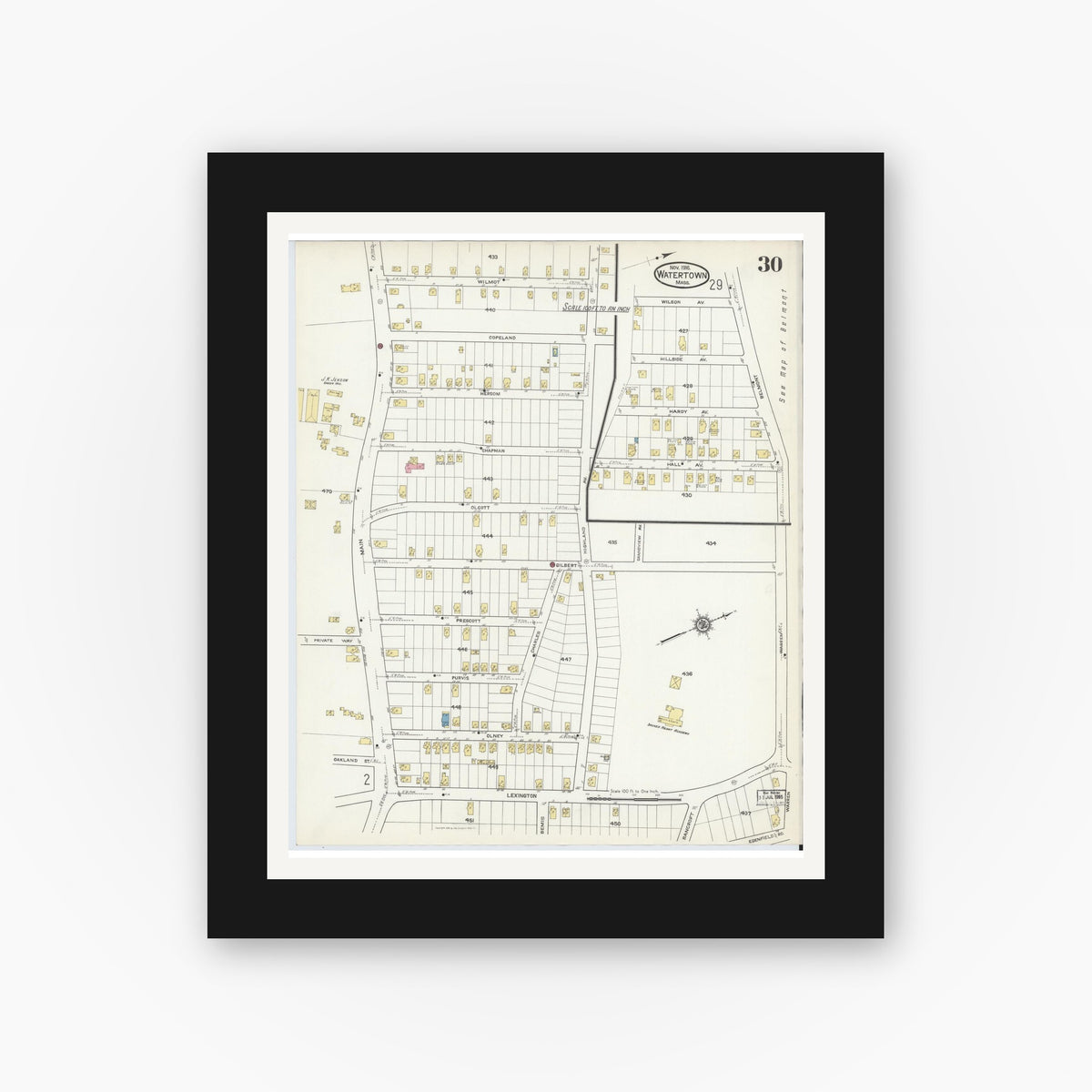 Old map wall art mockup — black gallery frame with white mat — Sanborn Fire Insurance Map from Watertown, Middlesex County, Massachusetts (1916), Sheet #0030