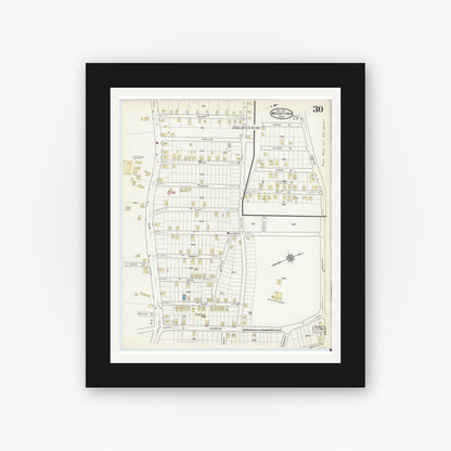 Old map wall art mockup — black gallery frame with white mat — Sanborn Fire Insurance Map from Watertown, Middlesex County, Massachusetts (1916), Sheet #0030