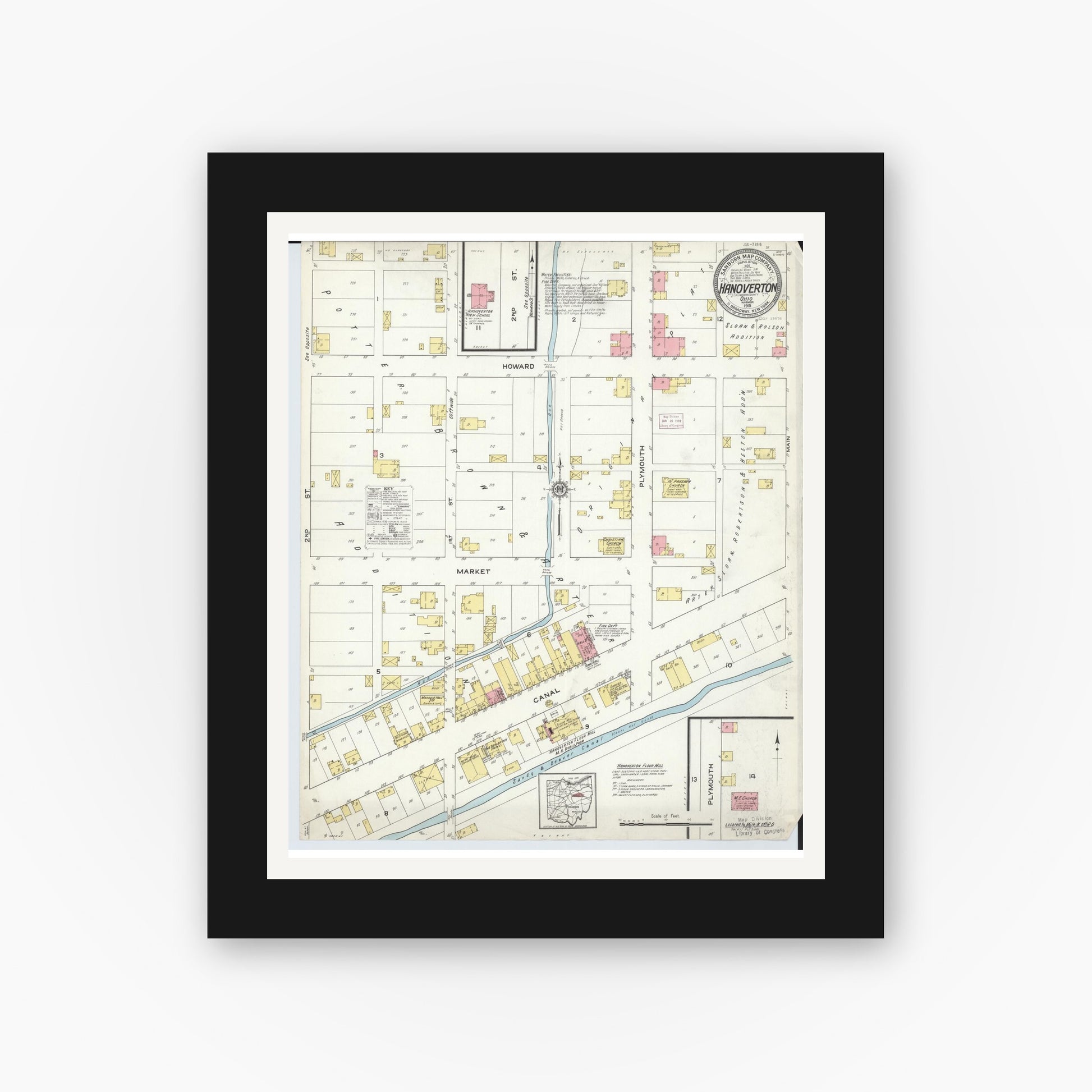 Old map wall art mockup — black gallery frame with white mat — Sanborn Fire Insurance Map from Hanoverton, Columbiana County, Ohio (1915), Sheet #0001