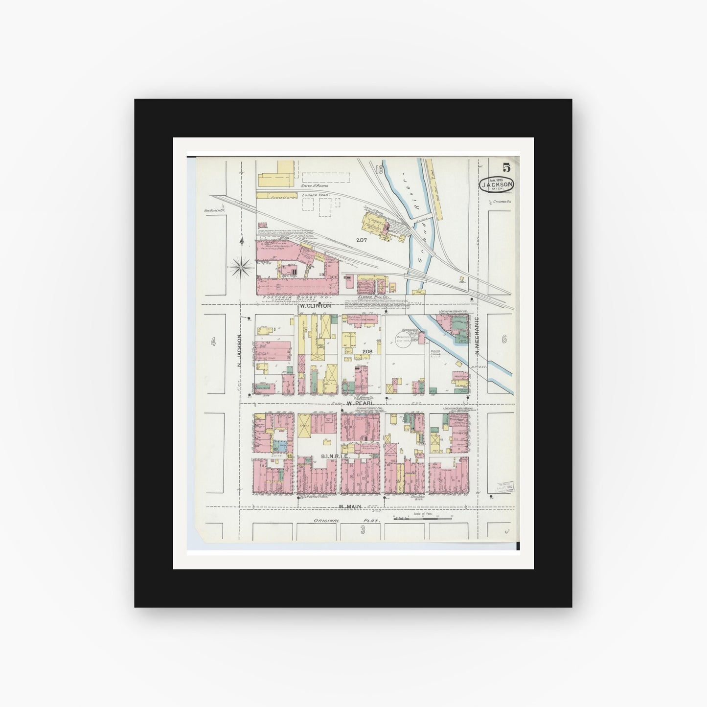 Old map wall art mockup — black gallery frame with white mat — Sanborn Fire Insurance Map from Jackson, Jackson County, Michigan (1893), Sheet #0005