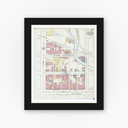 Old map wall art mockup — black gallery frame with white mat — Sanborn Fire Insurance Map from Jackson, Jackson County, Michigan (1893), Sheet #0005